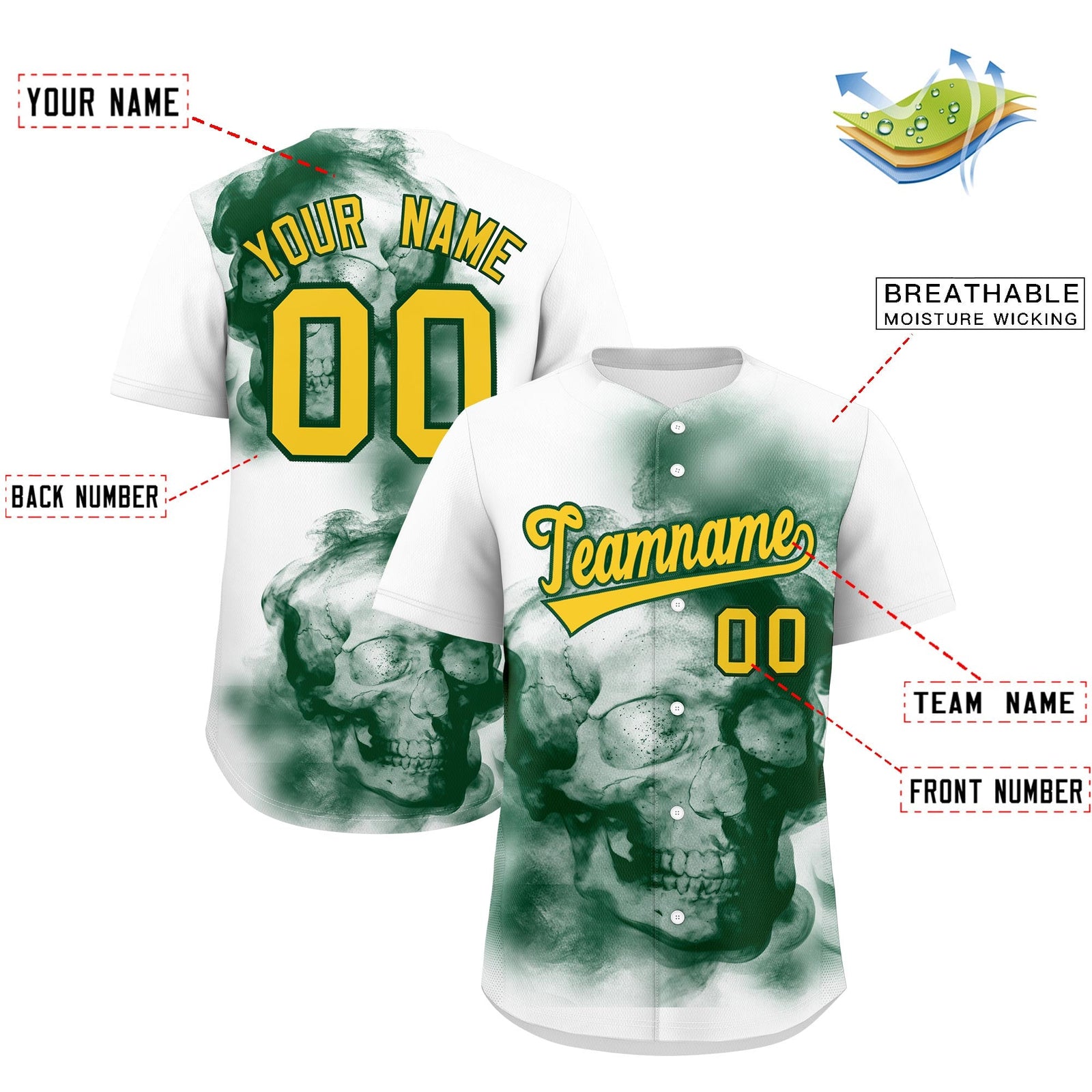 Custom White Dark Green Gold skeleton Graffiti Pattern Lightweight Baseball Jersey| KXKSHOP
