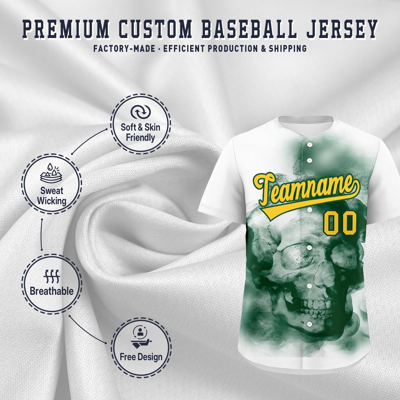 Custom White Dark Green Gold skeleton Graffiti Pattern Lightweight Baseball Jersey| KXKSHOP