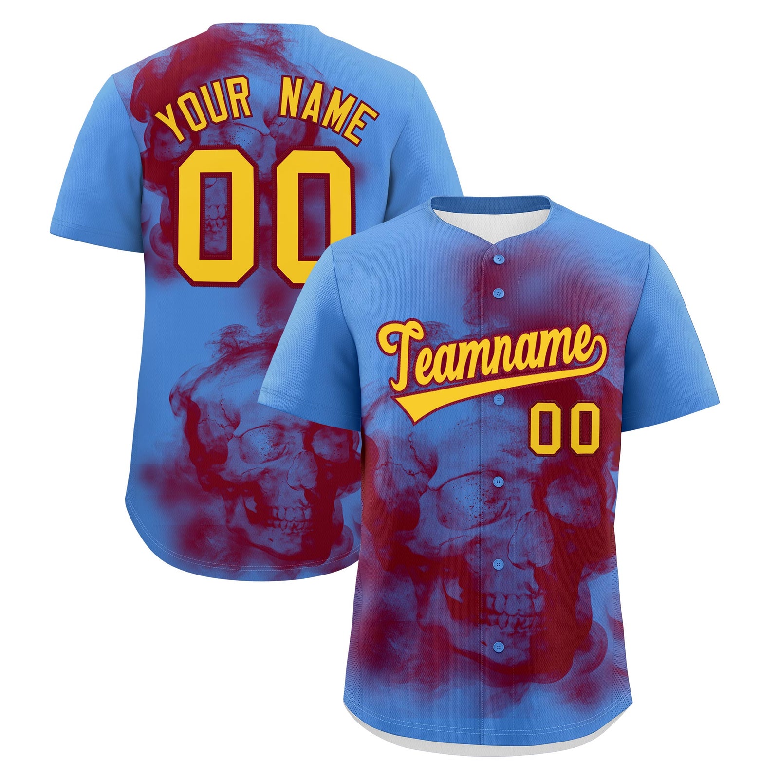 Custom Powder Blue Crimson Gold skeleton Graffiti Pattern Quick Dry Baseball Jersey| KXKSHOP