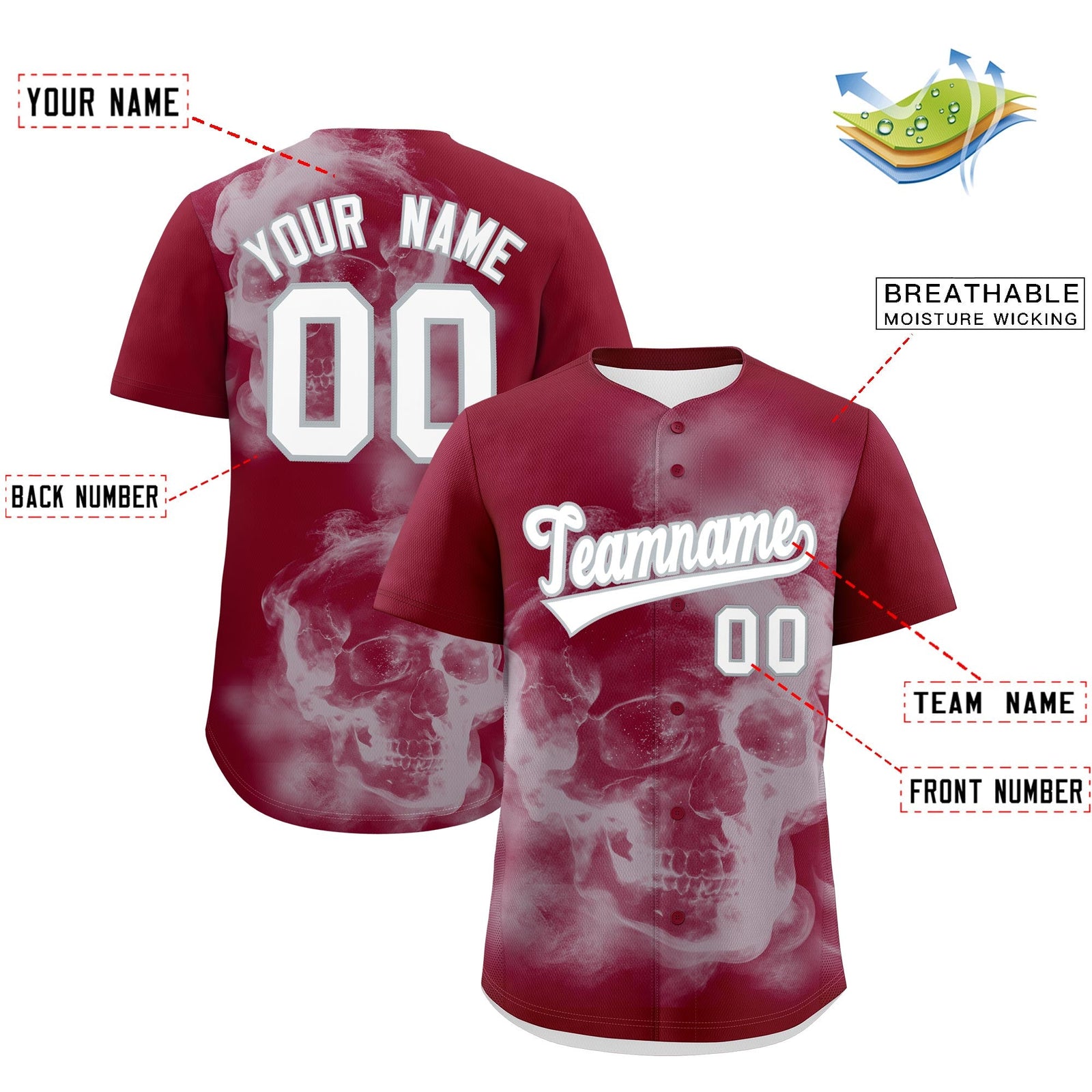 Custom Crimson Silver White skeleton Graffiti Pattern Quick Dry Baseball Jersey| KXKSHOP