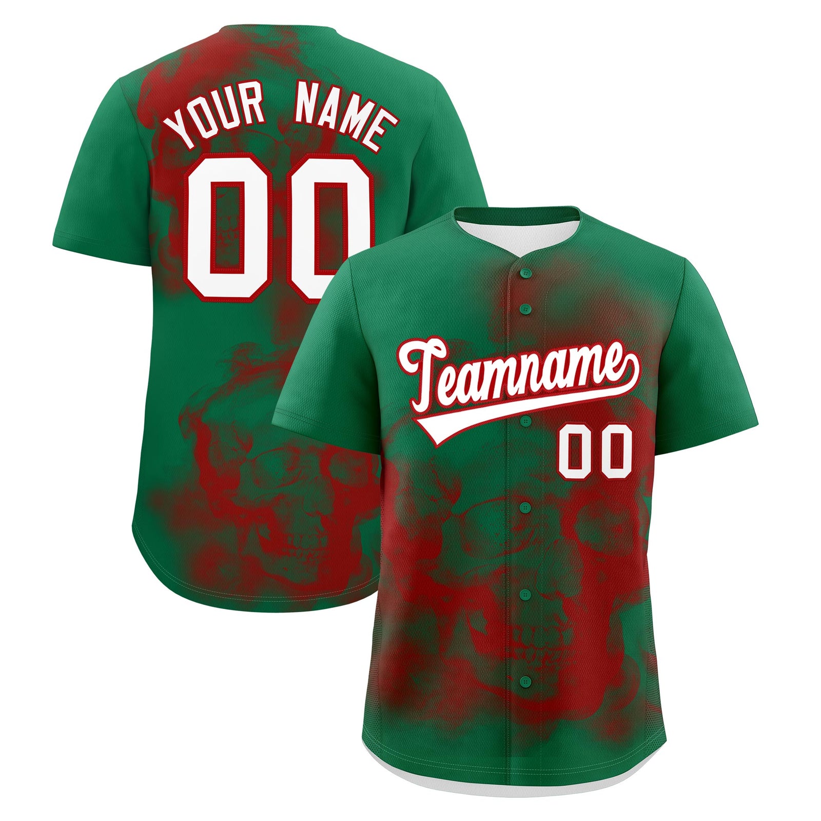 Custom Kelly Green Red White skeleton Graffiti Pattern Quick Dry Baseball Jersey| KXKSHOP