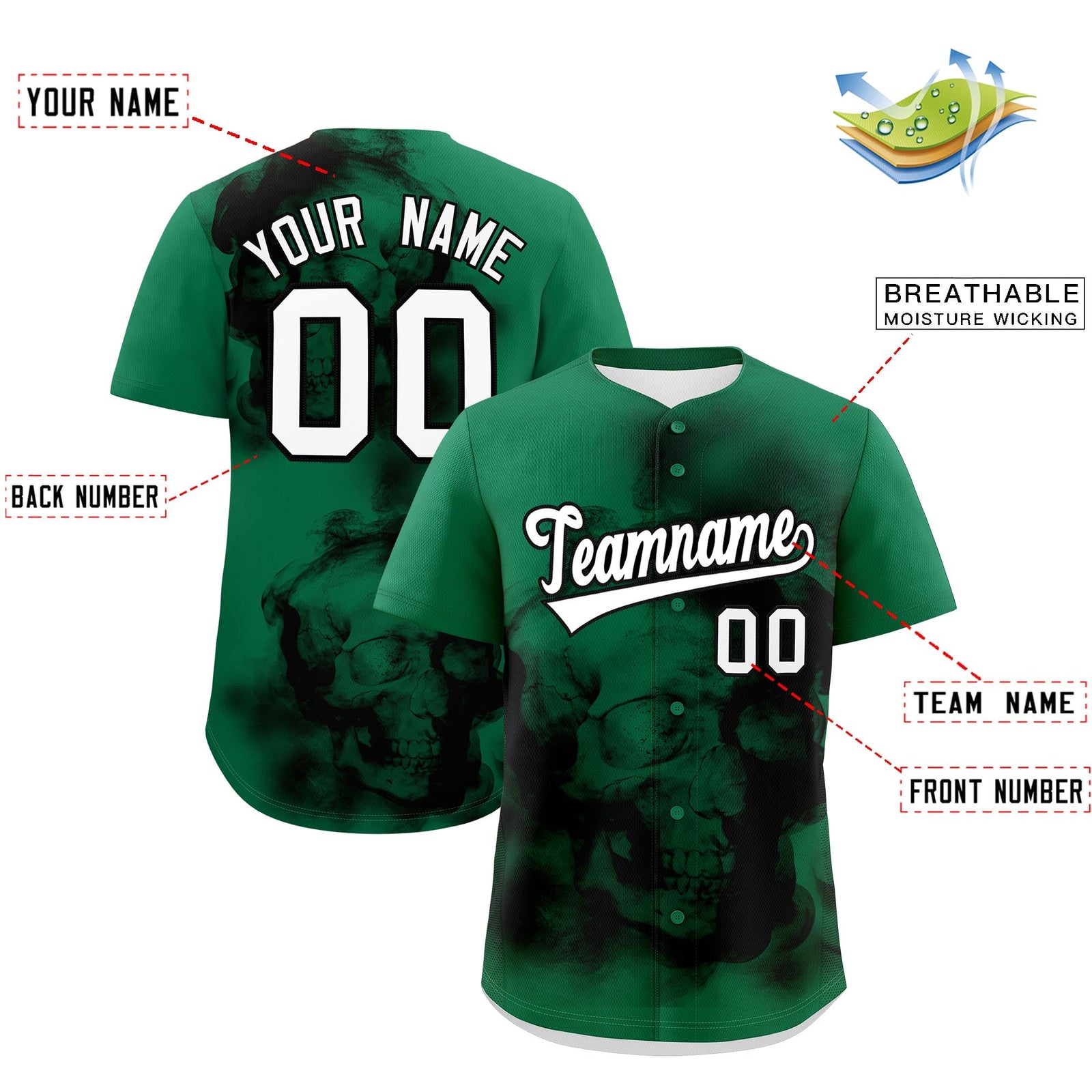 Custom Kelly Green Black White skeleton Graffiti Pattern Lightweight Baseball Jersey| KXKSHOP