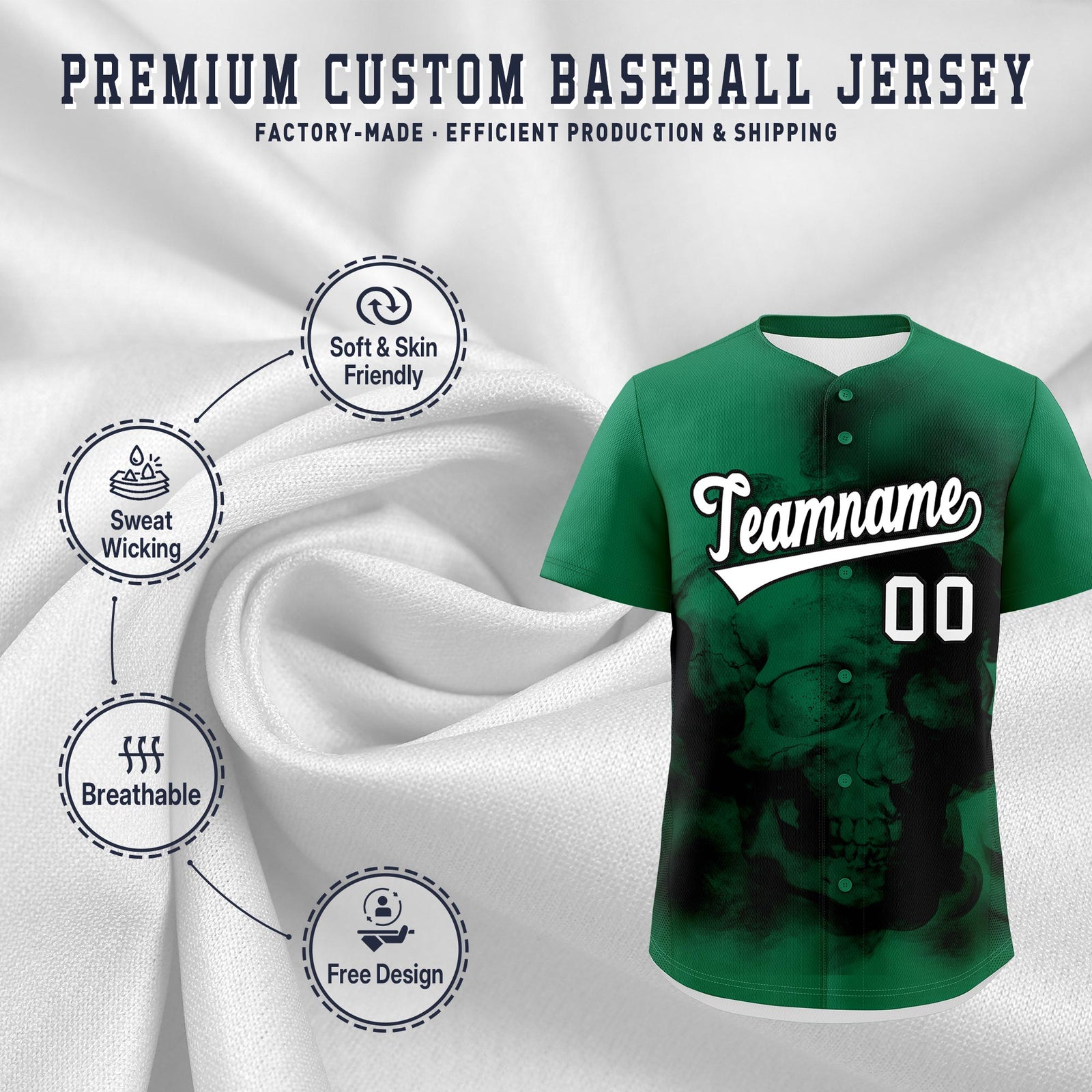 Custom Kelly Green Black White skeleton Graffiti Pattern Lightweight Baseball Jersey| KXKSHOP