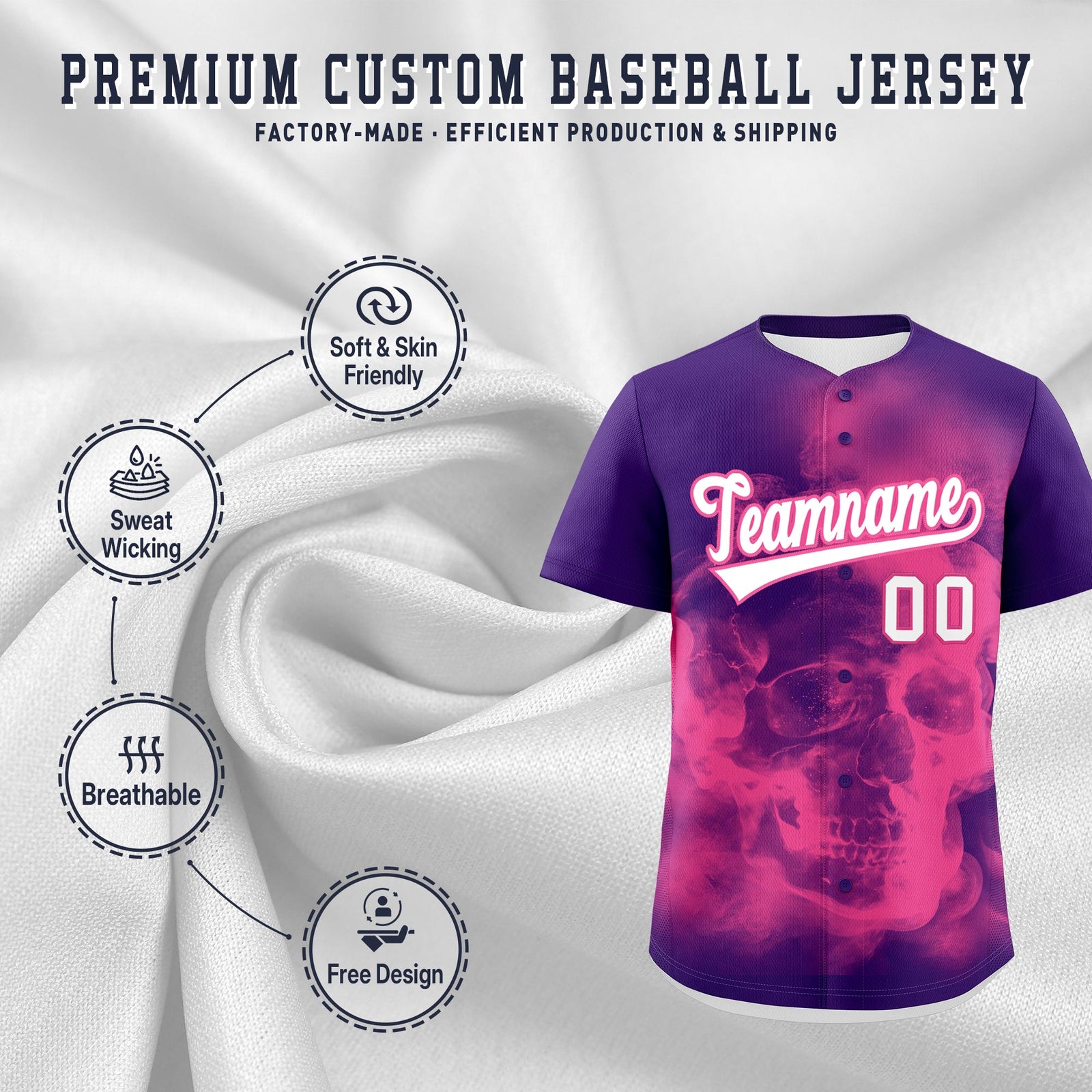 Custom Purple Pink White skeleton Graffiti Pattern Quick Dry Baseball Jersey| KXKSHOP