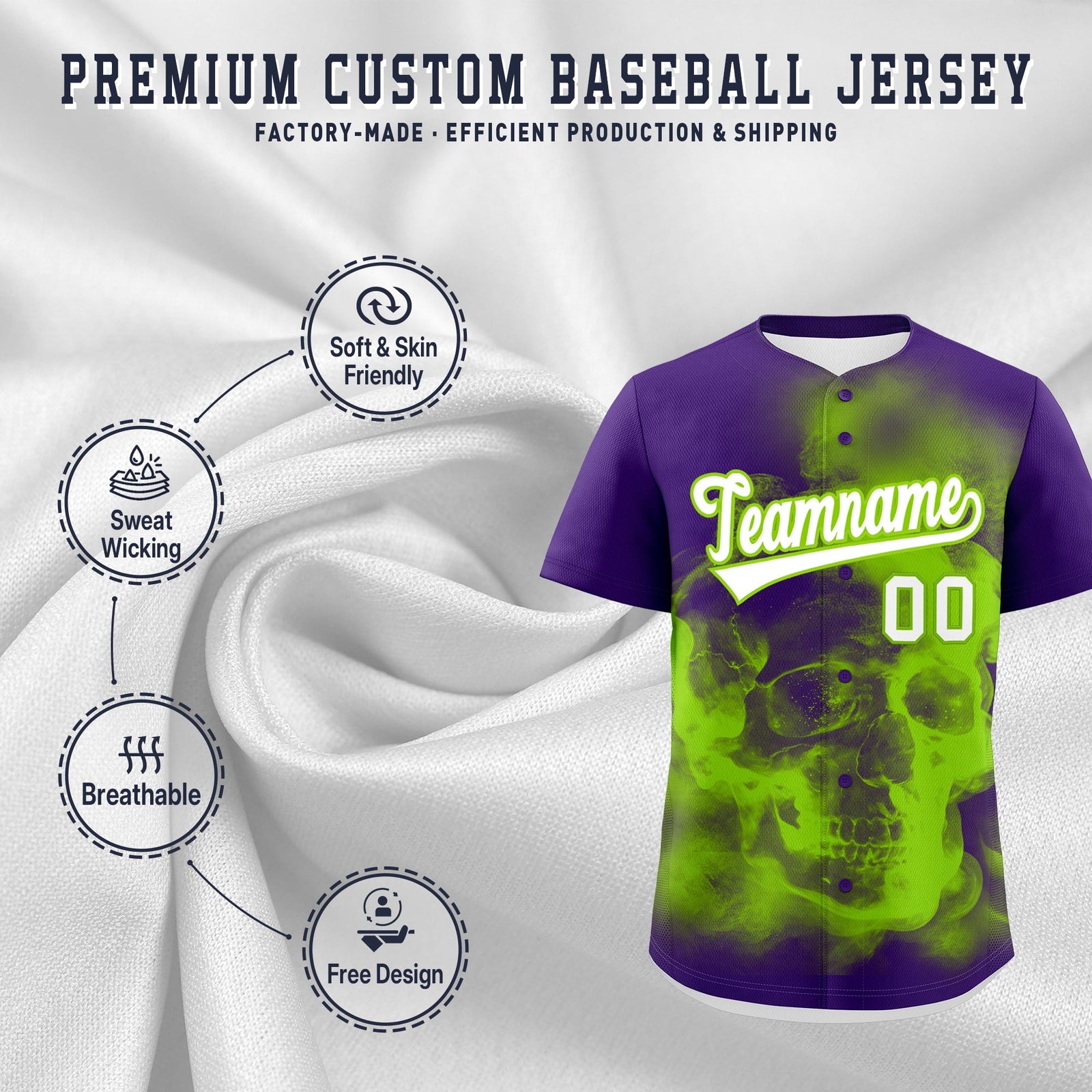 Custom Purple Neon Green White skeleton Graffiti Pattern Quick Dry Baseball Jersey| KXKSHOP
