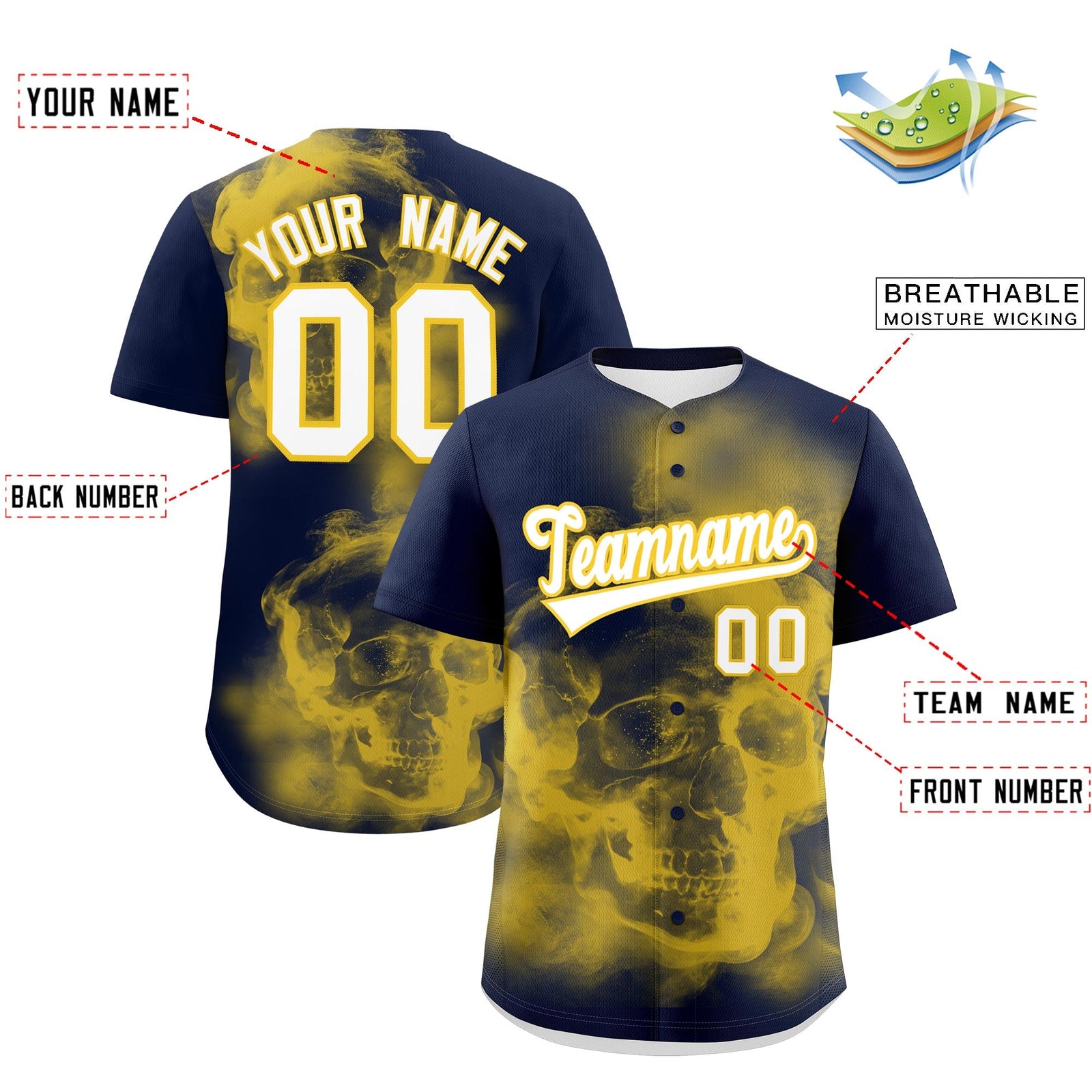 Custom Navy Gold White skeleton Graffiti Pattern Quick Dry Baseball Jersey| KXKSHOP