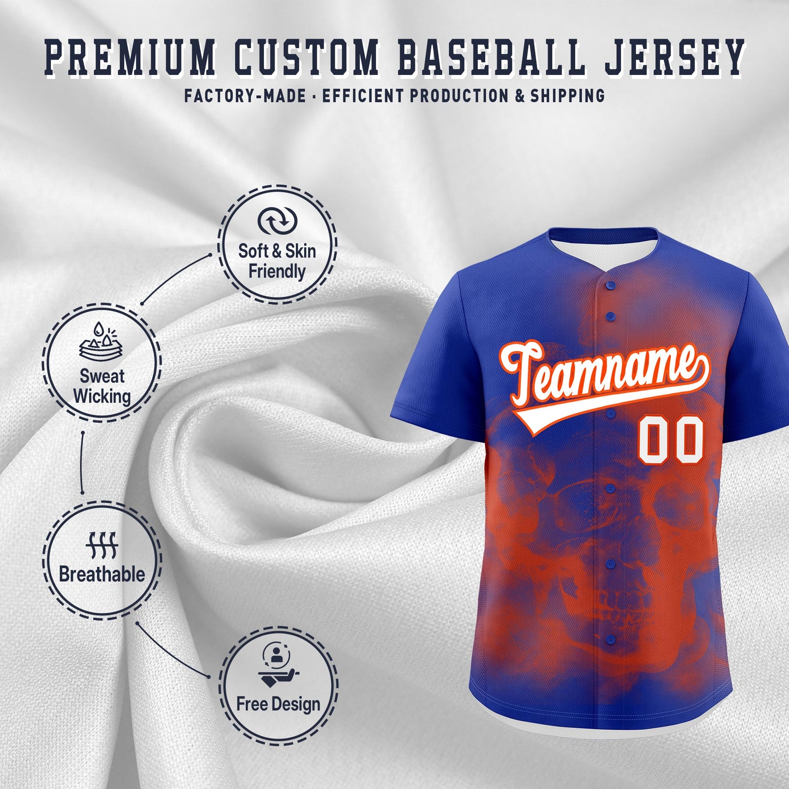 Custom Royal Blue Orange White skeleton Graffiti Pattern Quick Dry Baseball Jersey| KXKSHOP