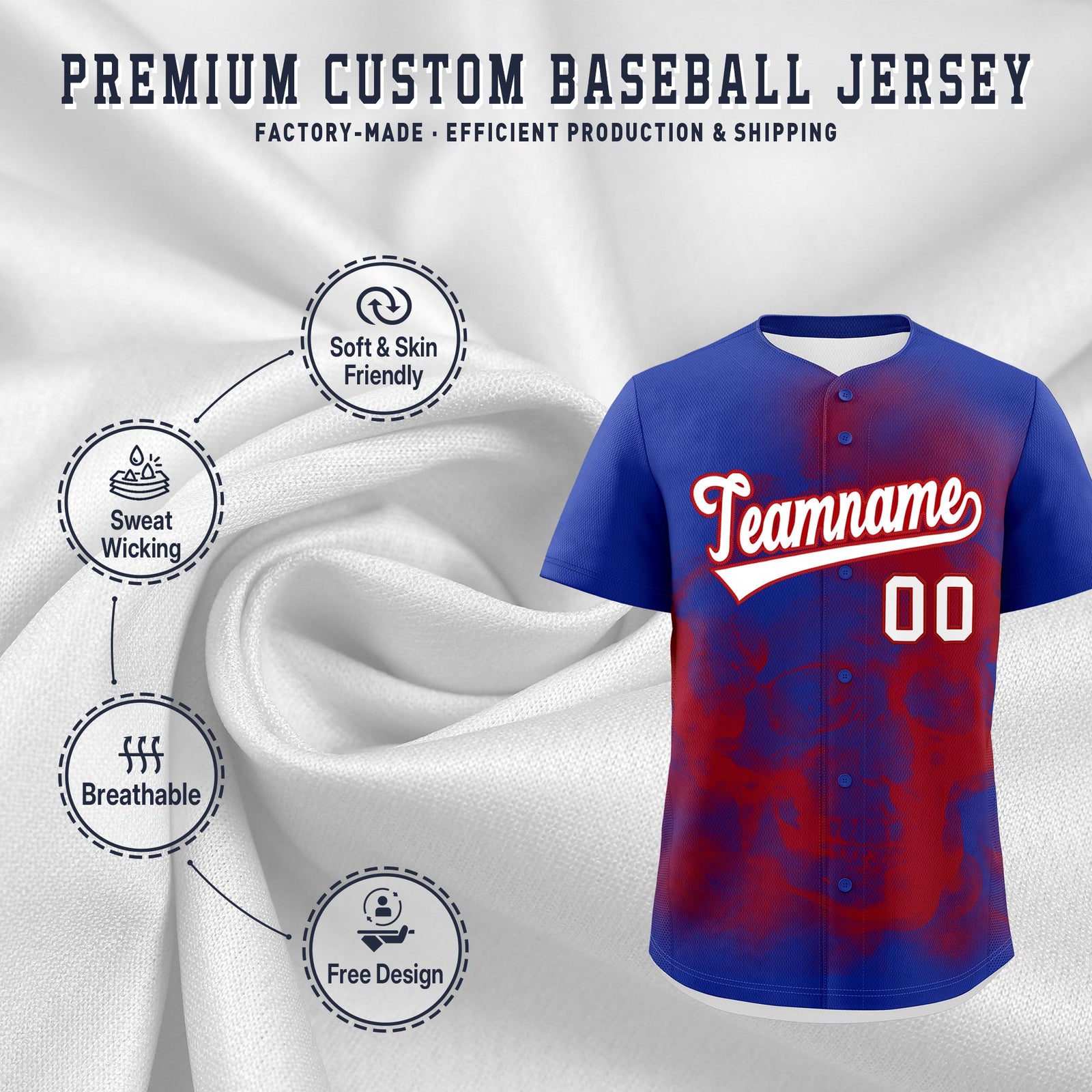 Custom Royal Blue Red White skeleton Graffiti Pattern Quick Dry Baseball Jersey| KXKSHOP