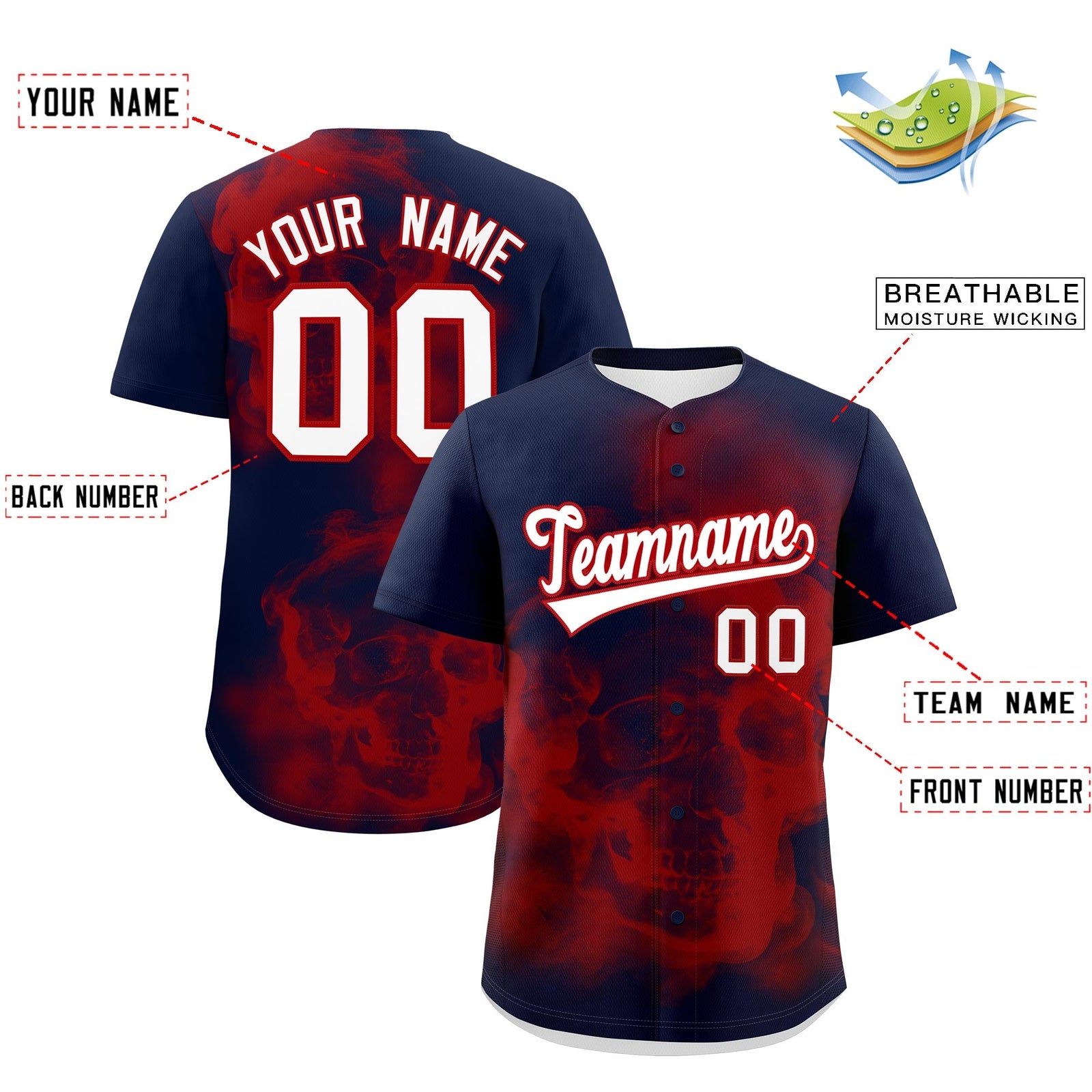 Custom Navy Red White skeleton Graffiti Pattern Lightweight Baseball Jersey| KXKSHOP