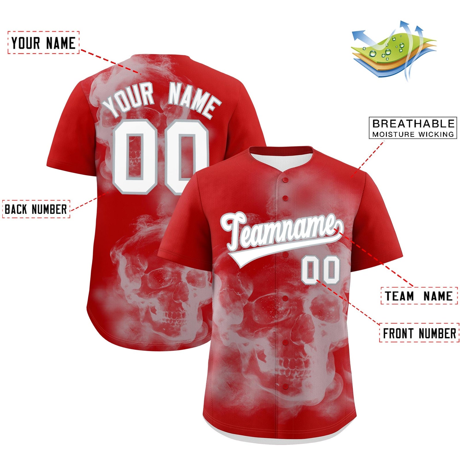 Custom Red Silver White skeleton Graffiti Pattern Lightweight Baseball Jersey| KXKSHOP