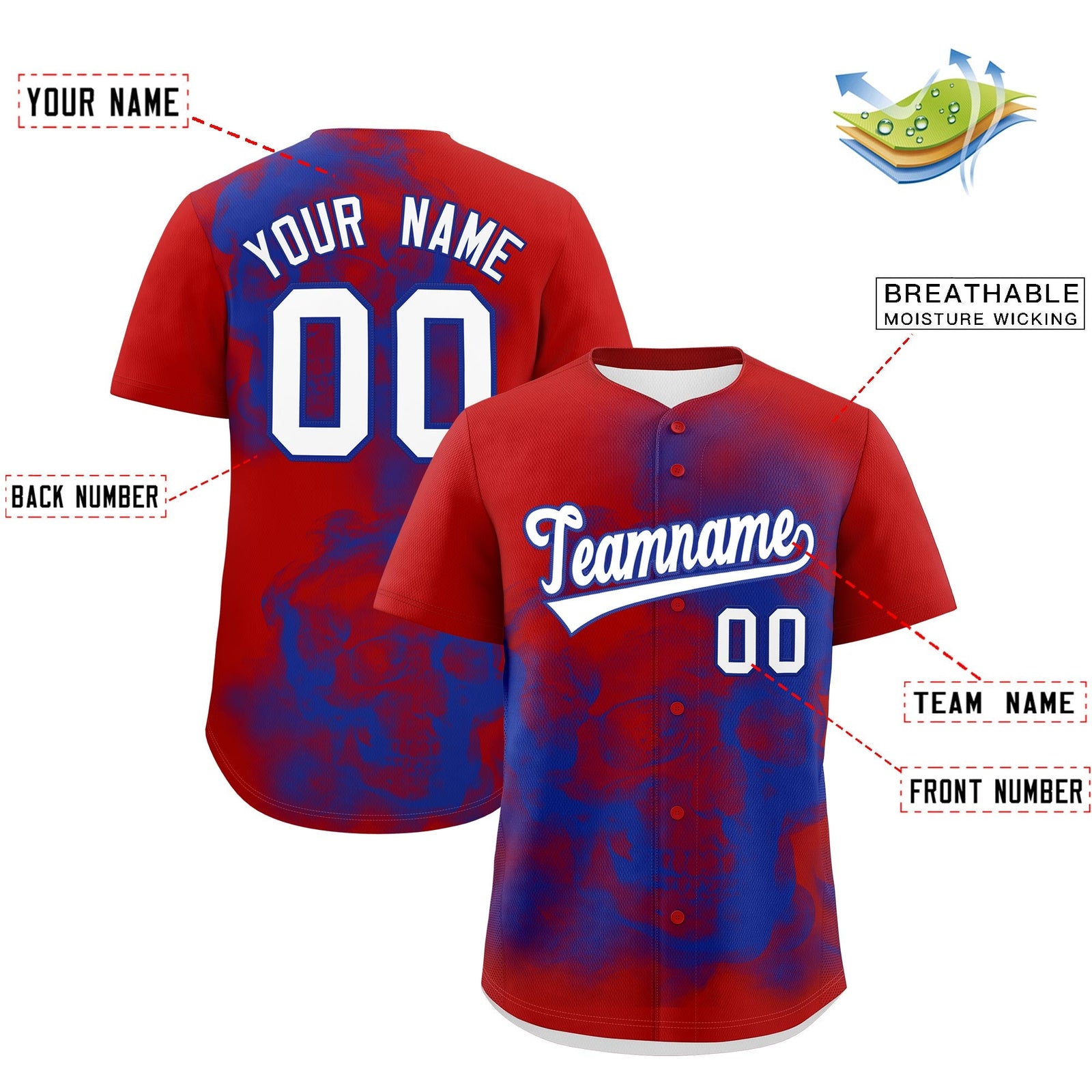 Custom Red Royal Blue White skeleton Graffiti Pattern Lightweight Baseball Jersey| KXKSHOP