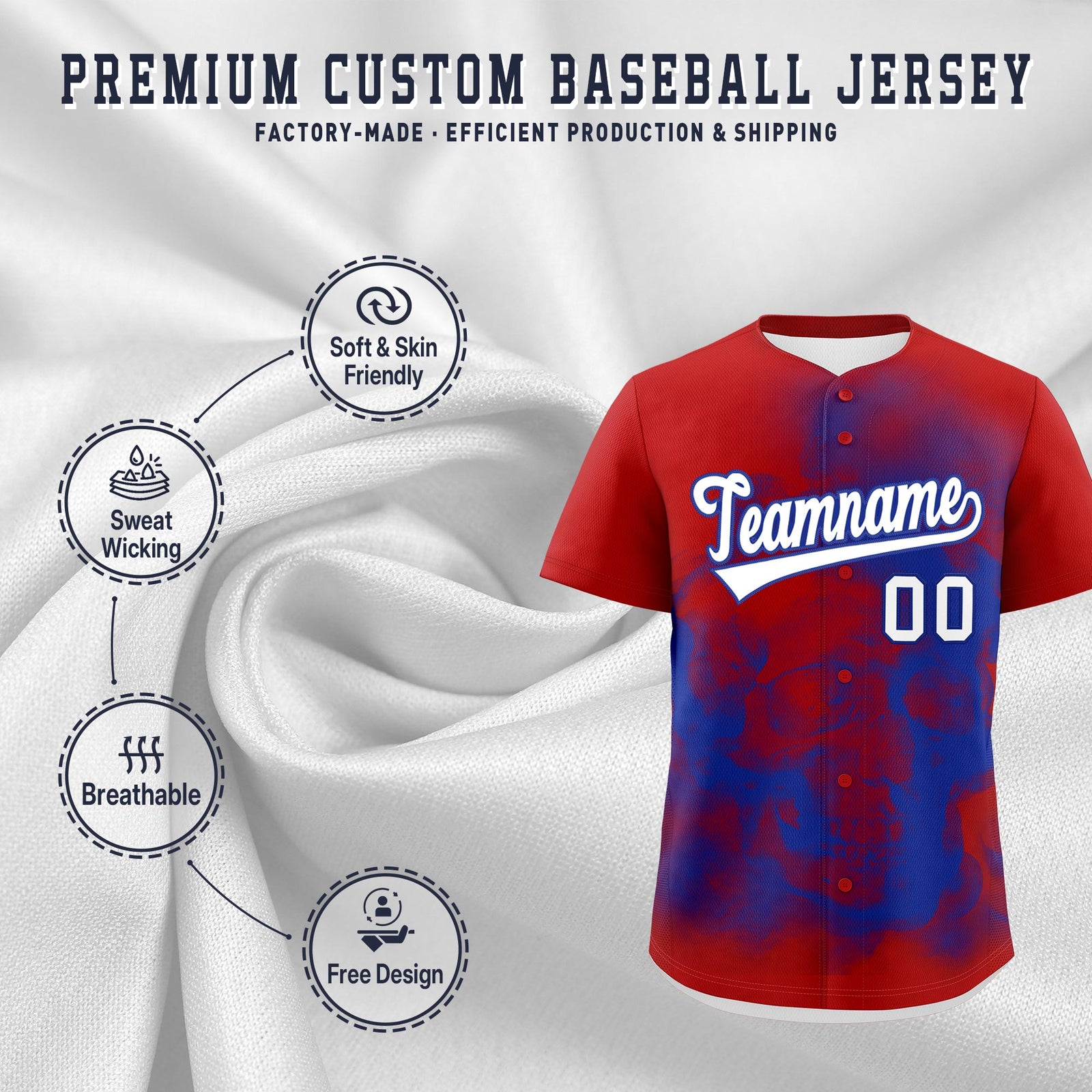 Custom Red Royal Blue White skeleton Graffiti Pattern Lightweight Baseball Jersey| KXKSHOP