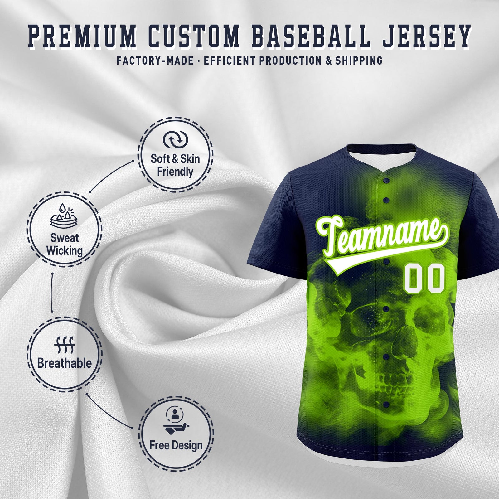 Custom Navy Neon Green White skeleton Graffiti Pattern Lightweight Baseball Jersey| KXKSHOP