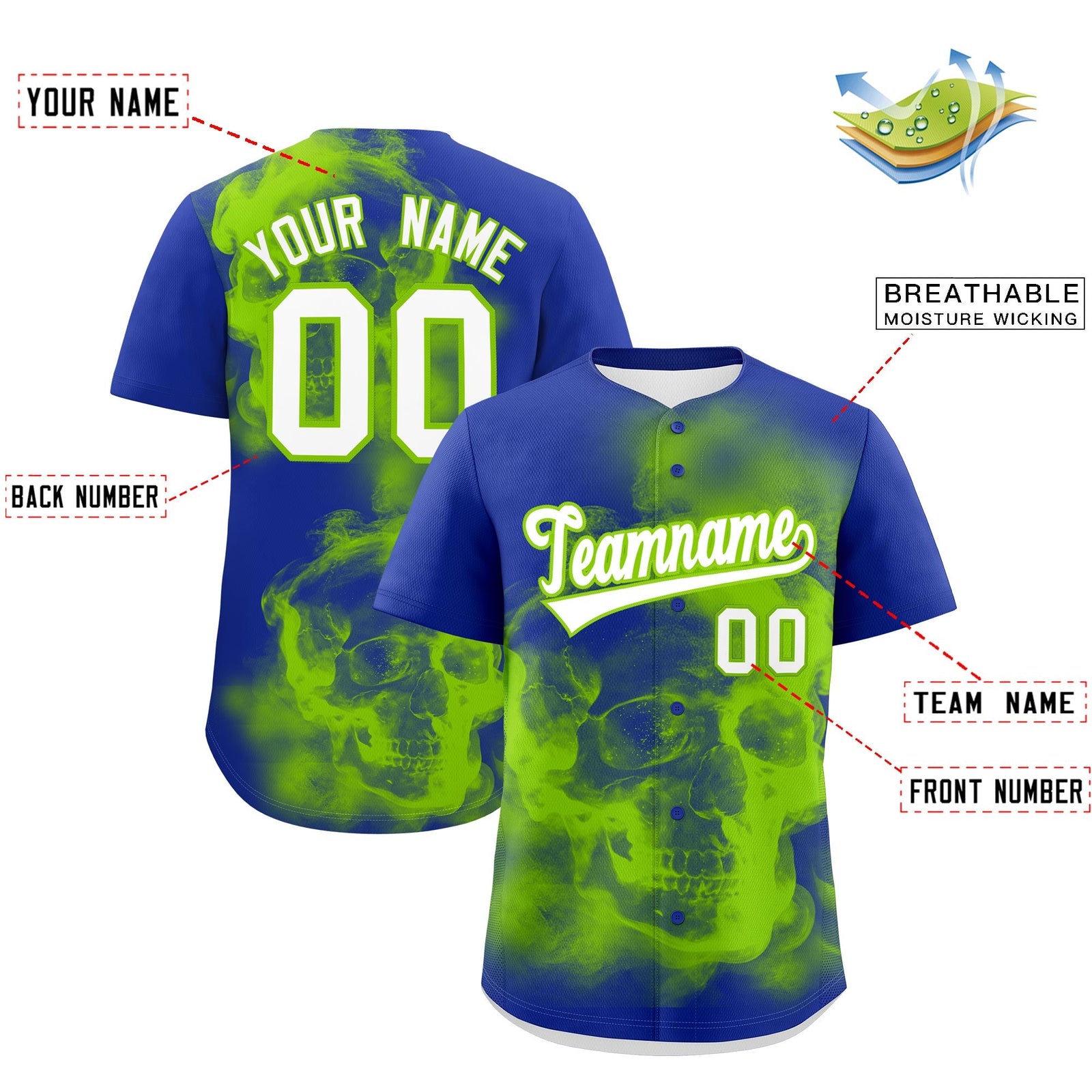 Custom Royal Blue Neon Green White skeleton Graffiti Pattern Quick Dry Baseball Jersey| KXKSHOP