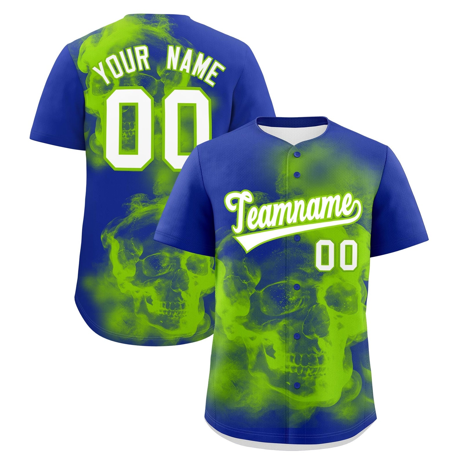 Custom Royal Blue Neon Green White skeleton Graffiti Pattern Quick Dry Baseball Jersey| KXKSHOP