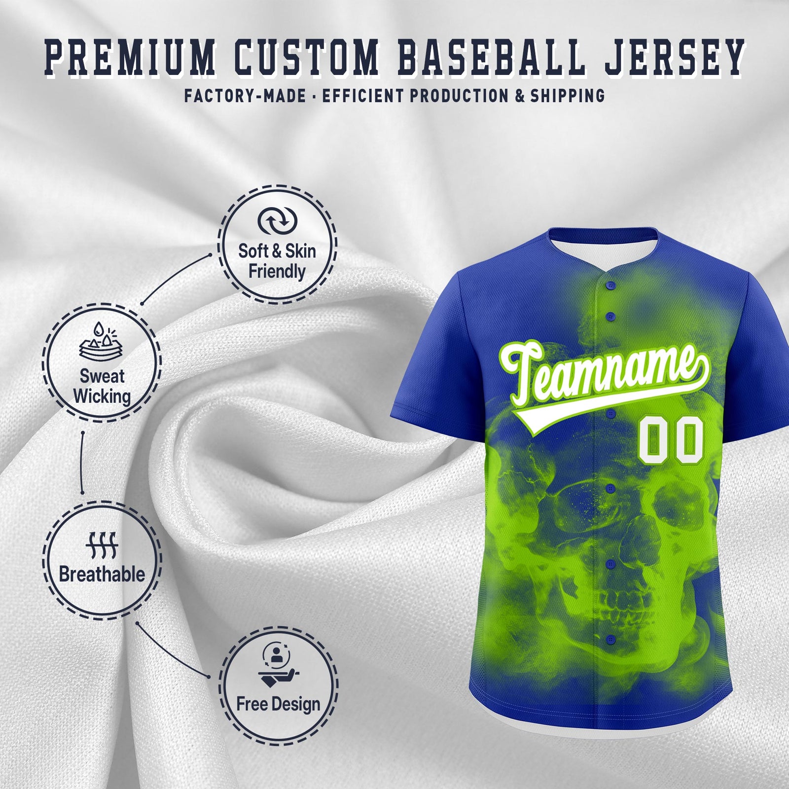 Custom Royal Blue Neon Green White skeleton Graffiti Pattern Quick Dry Baseball Jersey| KXKSHOP