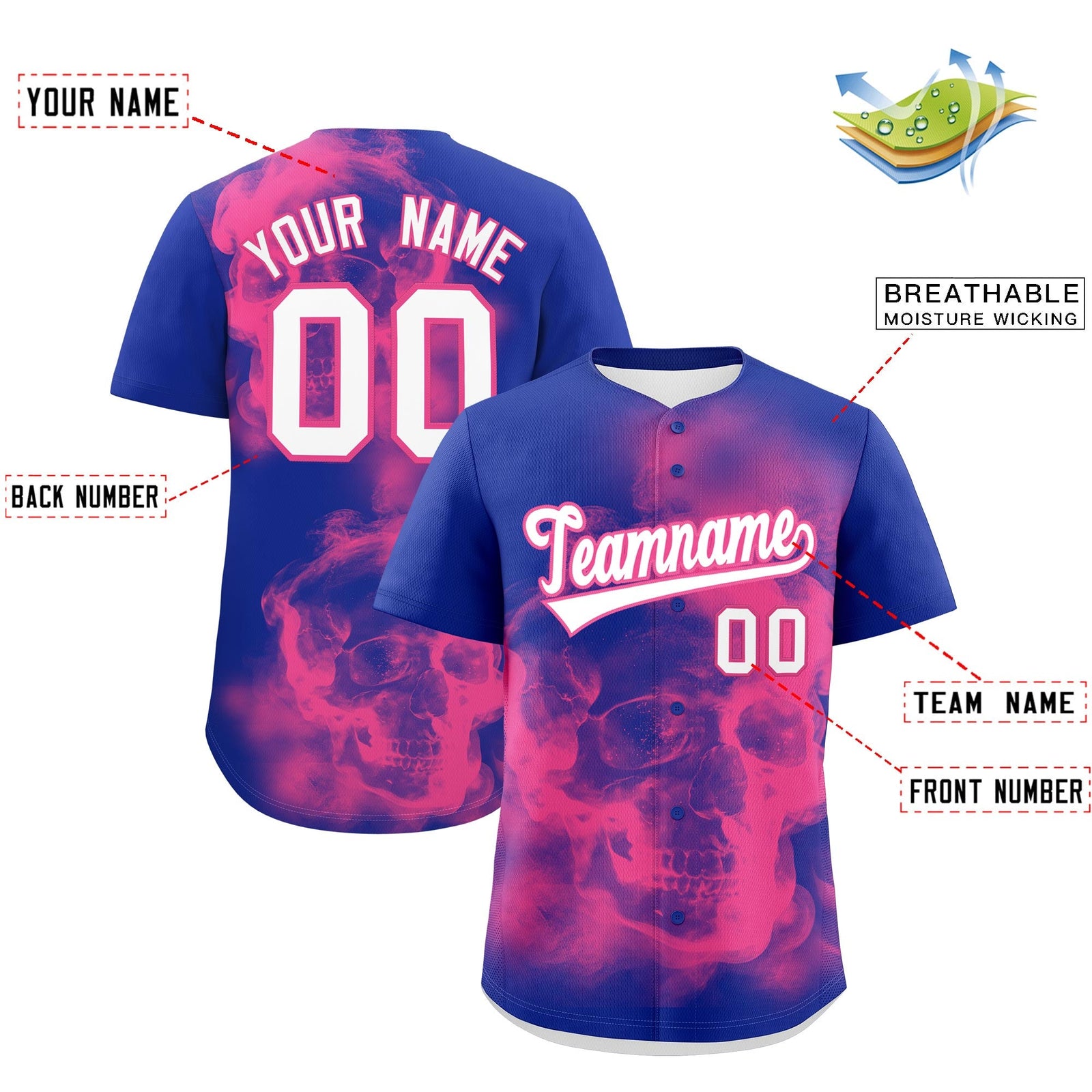 Custom Royal Blue Pink White skeleton Graffiti Pattern Lightweight Baseball Jersey| KXKSHOP
