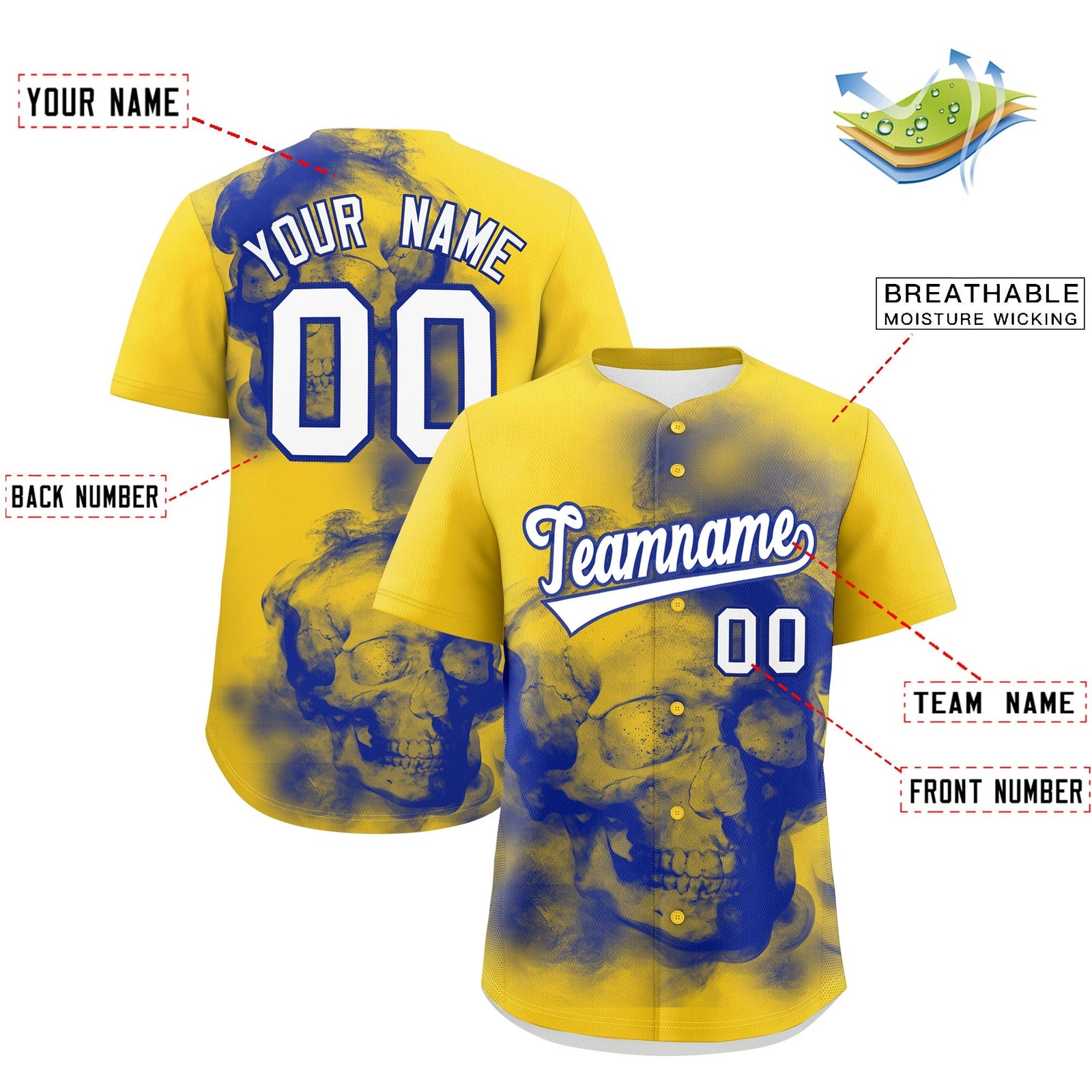 Custom Gold Royal Blue White skeleton Graffiti Pattern Lightweight Baseball Jersey| KXKSHOP