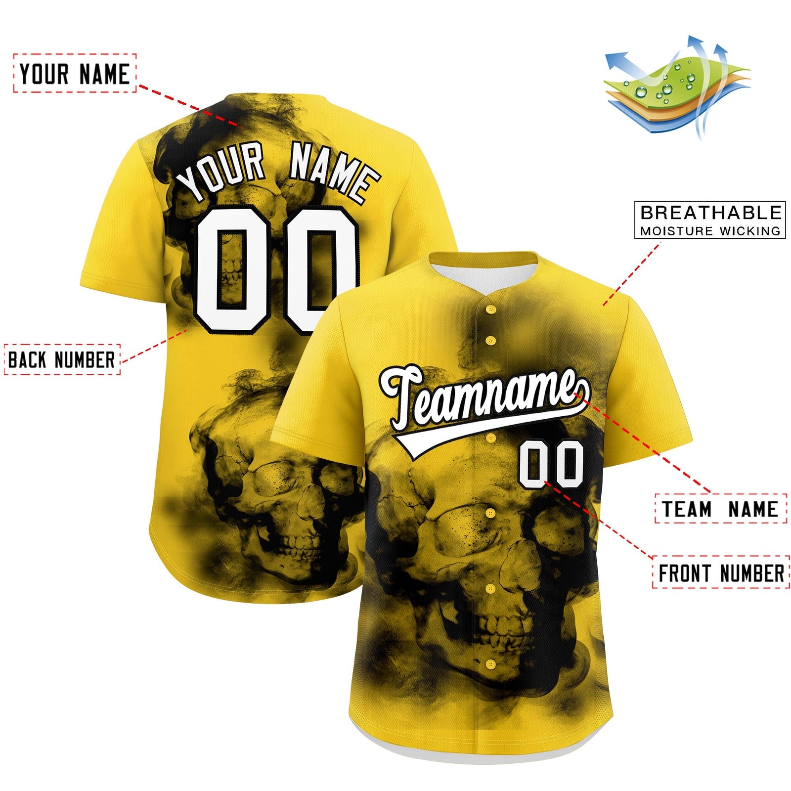 Custom Gold Black White skeleton Graffiti Pattern Quick Dry Baseball Jersey| KXKSHOP