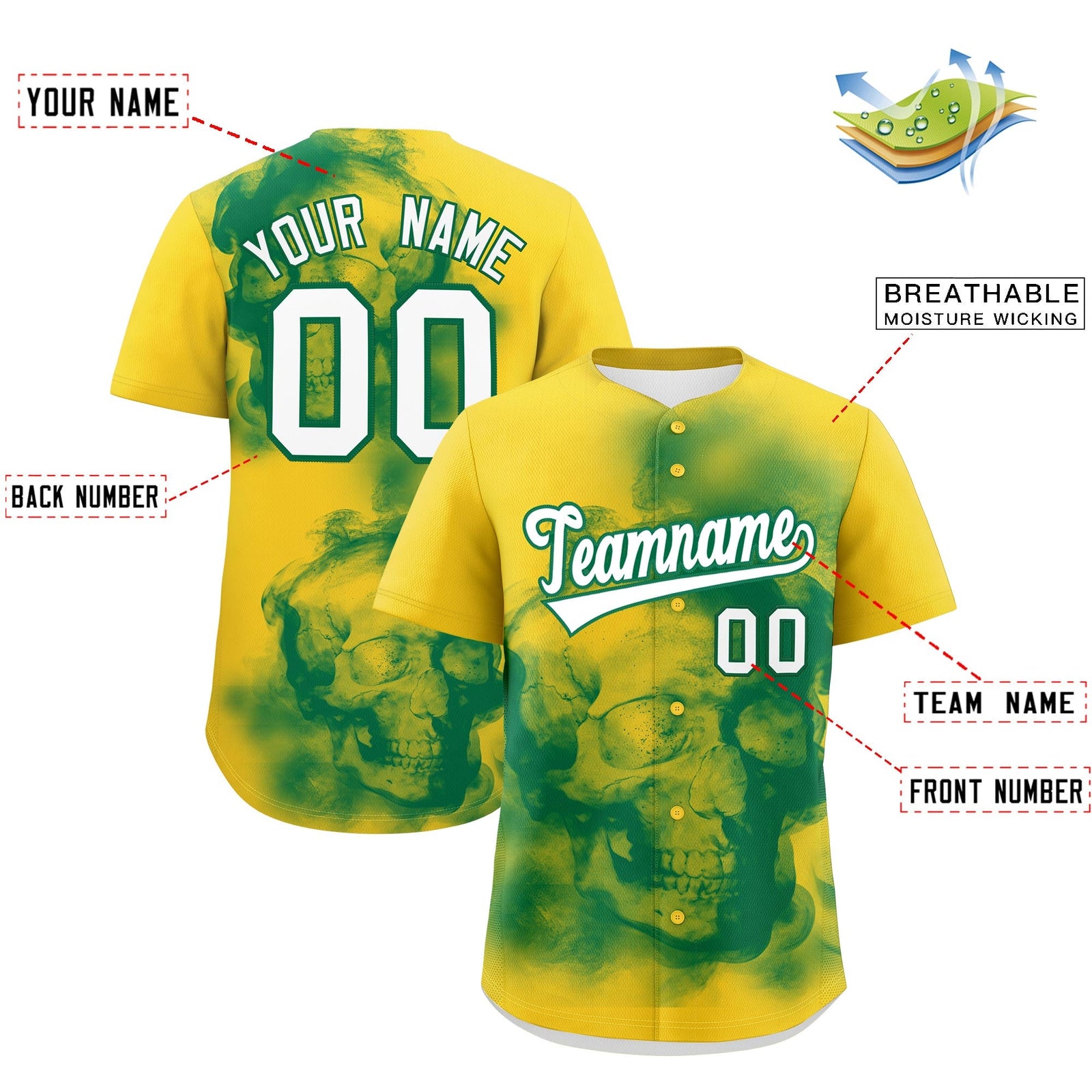Custom Gold Kelly Green White skeleton Graffiti Pattern Lightweight Baseball Jersey| KXKSHOP