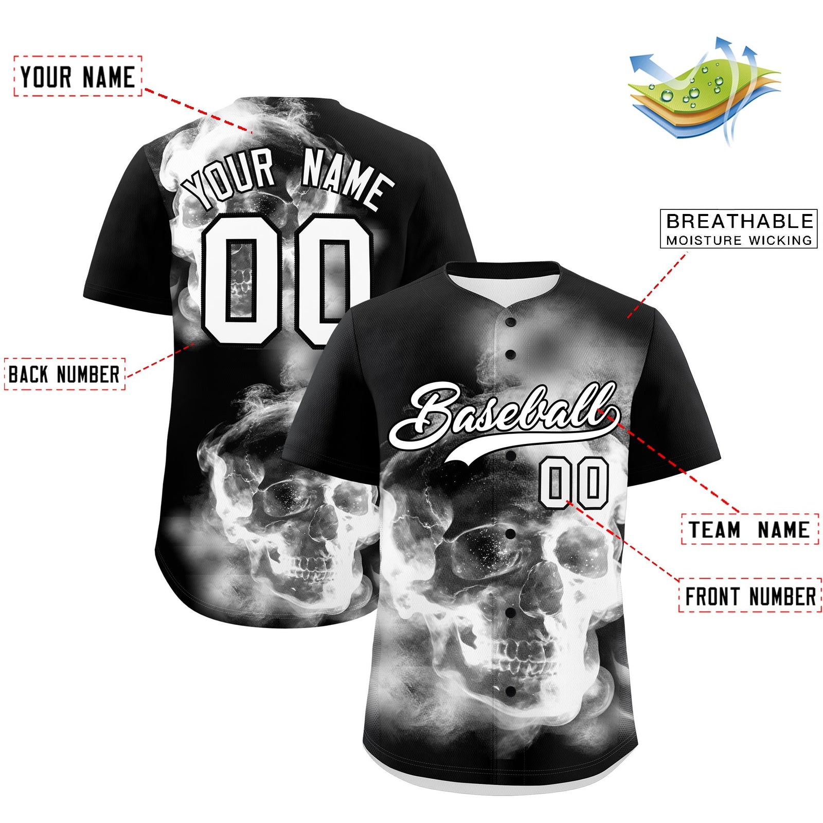Custom Black White skeleton Graffiti Pattern Lightweight Baseball Jersey| KXKSHOP