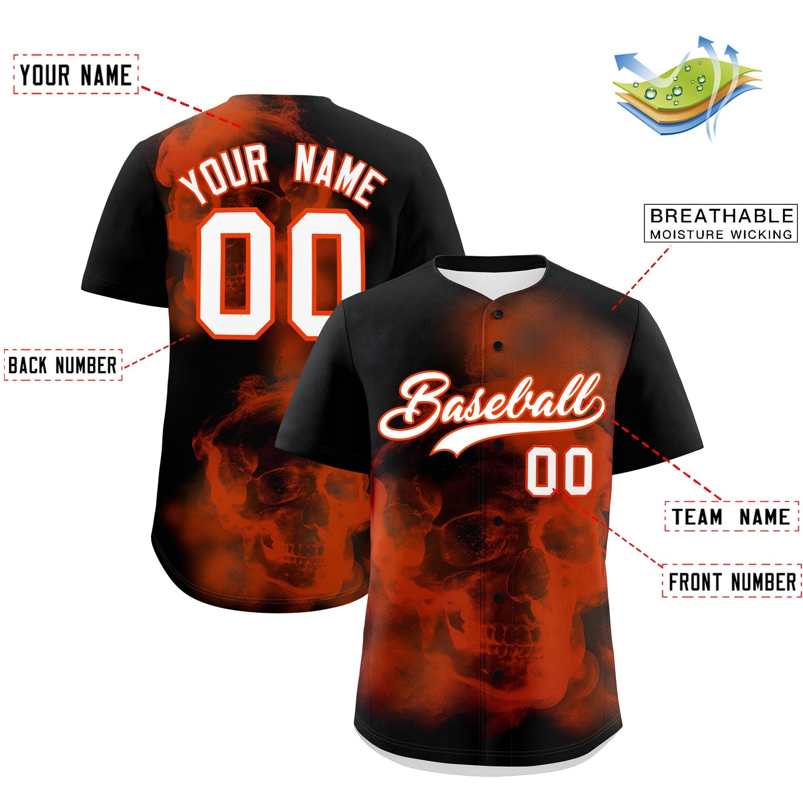 Custom Black Orange White skeleton Graffiti Pattern Quick Dry Baseball Jersey| KXKSHOP