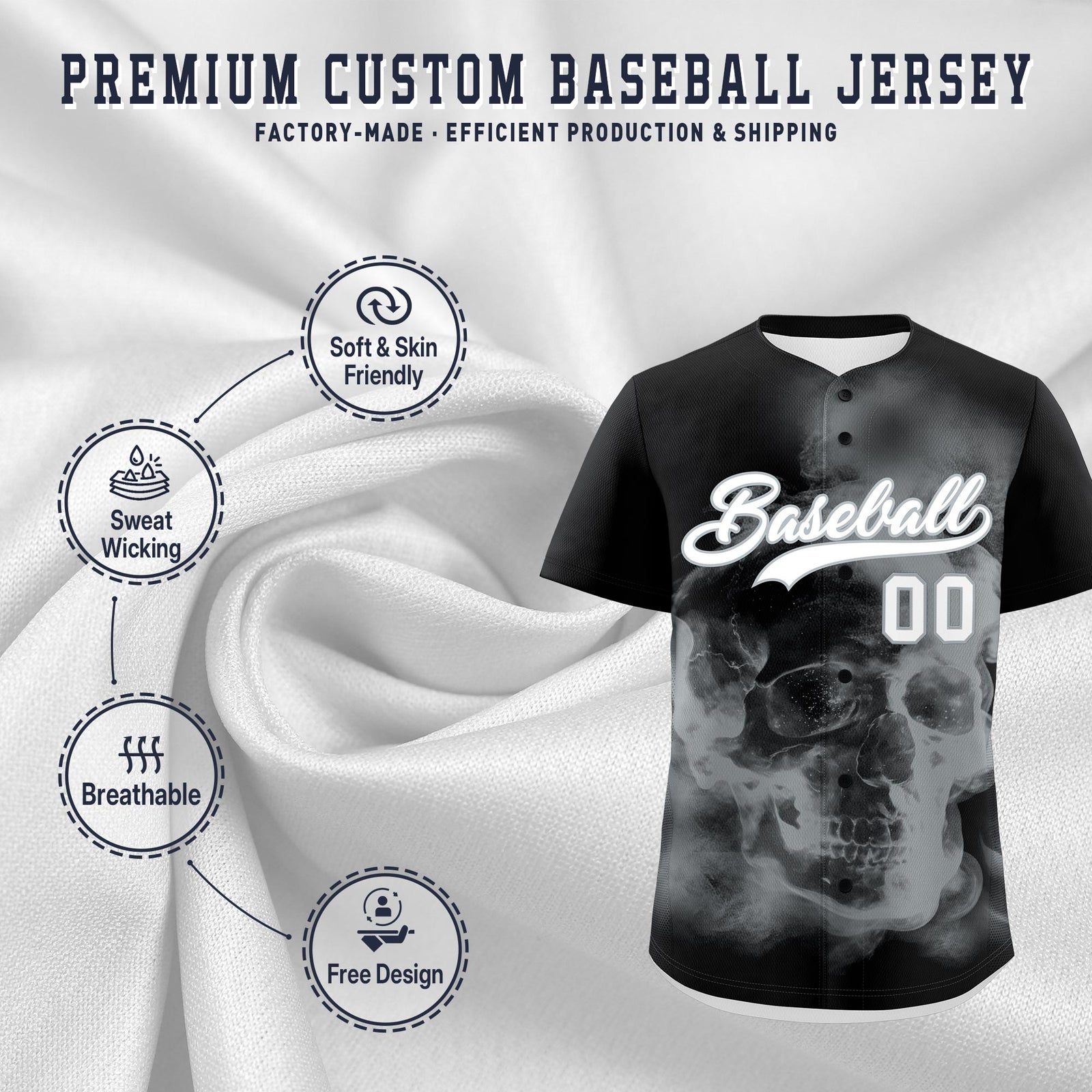 Custom Black Silver White skeleton Graffiti Pattern Lightweight Baseball Jersey| KXKSHOP