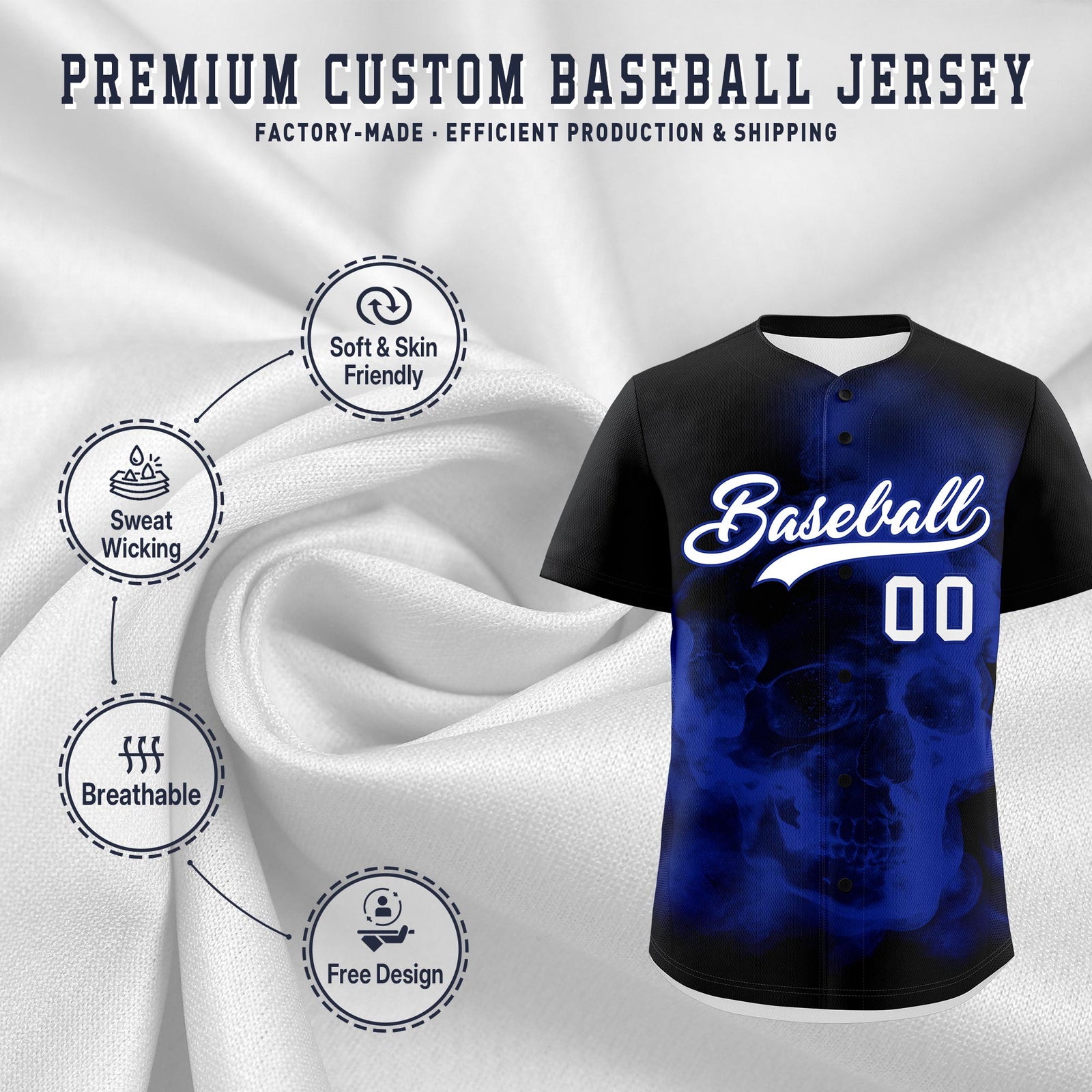 Custom Black Royal Blue White skeleton Graffiti Pattern Lightweight Baseball Jersey| KXKSHOP