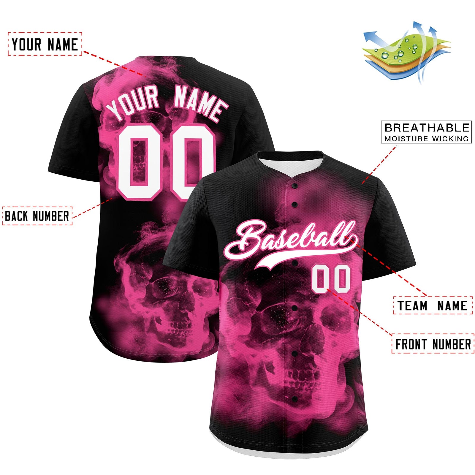 Custom Black Pink White skeleton Graffiti Pattern Quick Dry Baseball Jersey| KXKSHOP