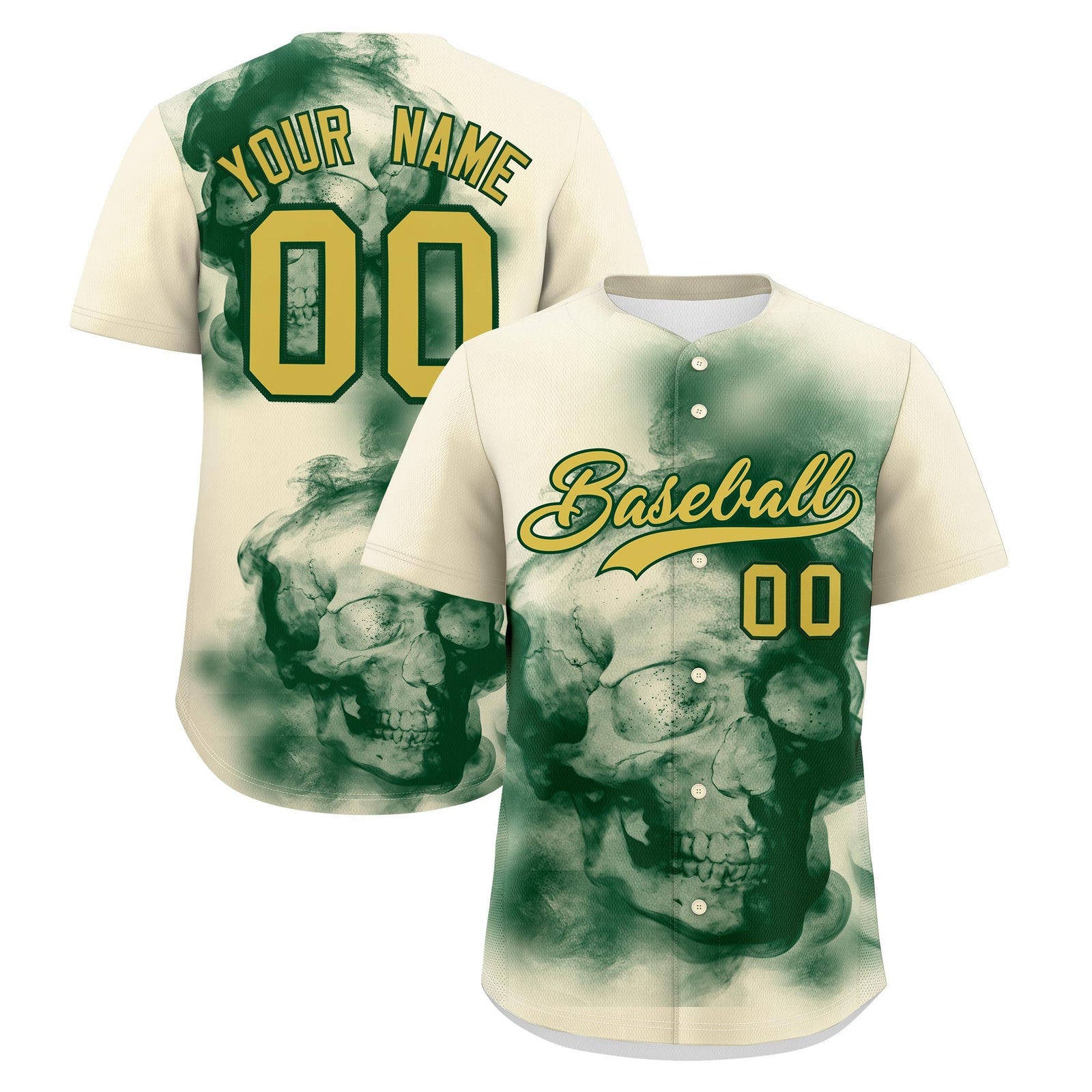 Custom Cream Dark Green Old Gold skeleton Graffiti Pattern Quick Dry Baseball Jersey| KXKSHOP