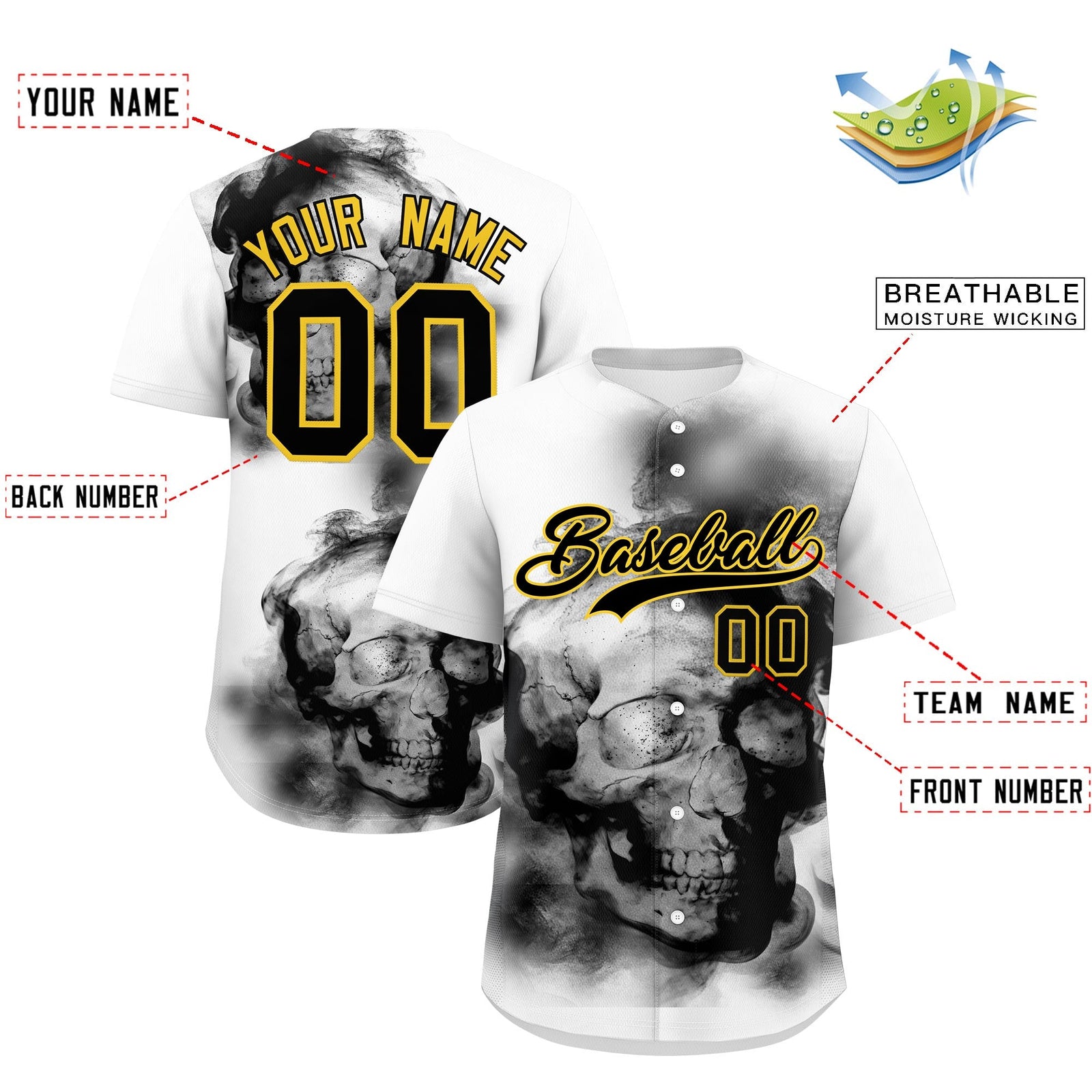 Custom White Black Gold skeleton Graffiti Pattern Lightweight Baseball Jersey| KXKSHOP