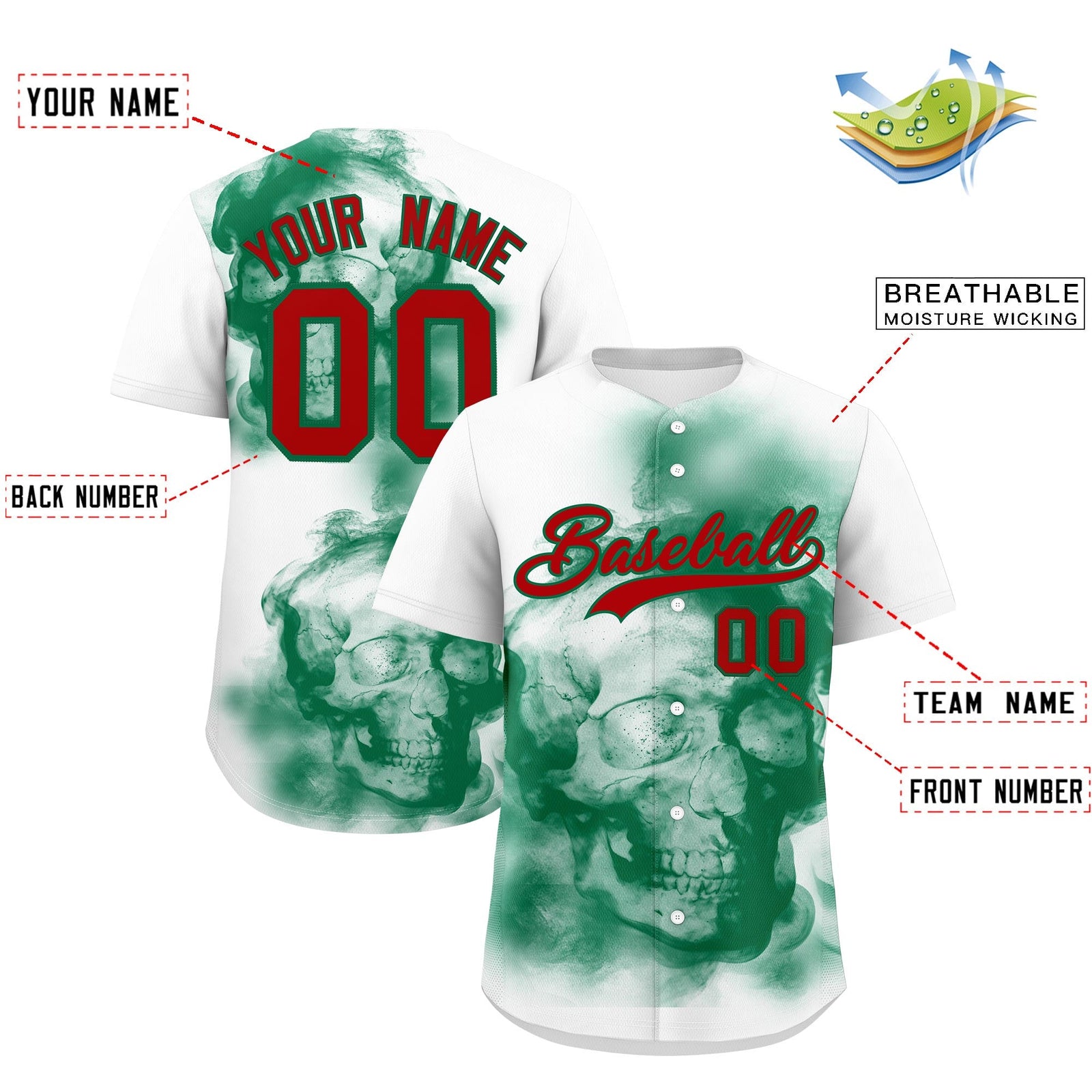 Custom White Kelly Green Red skeleton Graffiti Pattern Lightweight Baseball Jersey| KXKSHOP