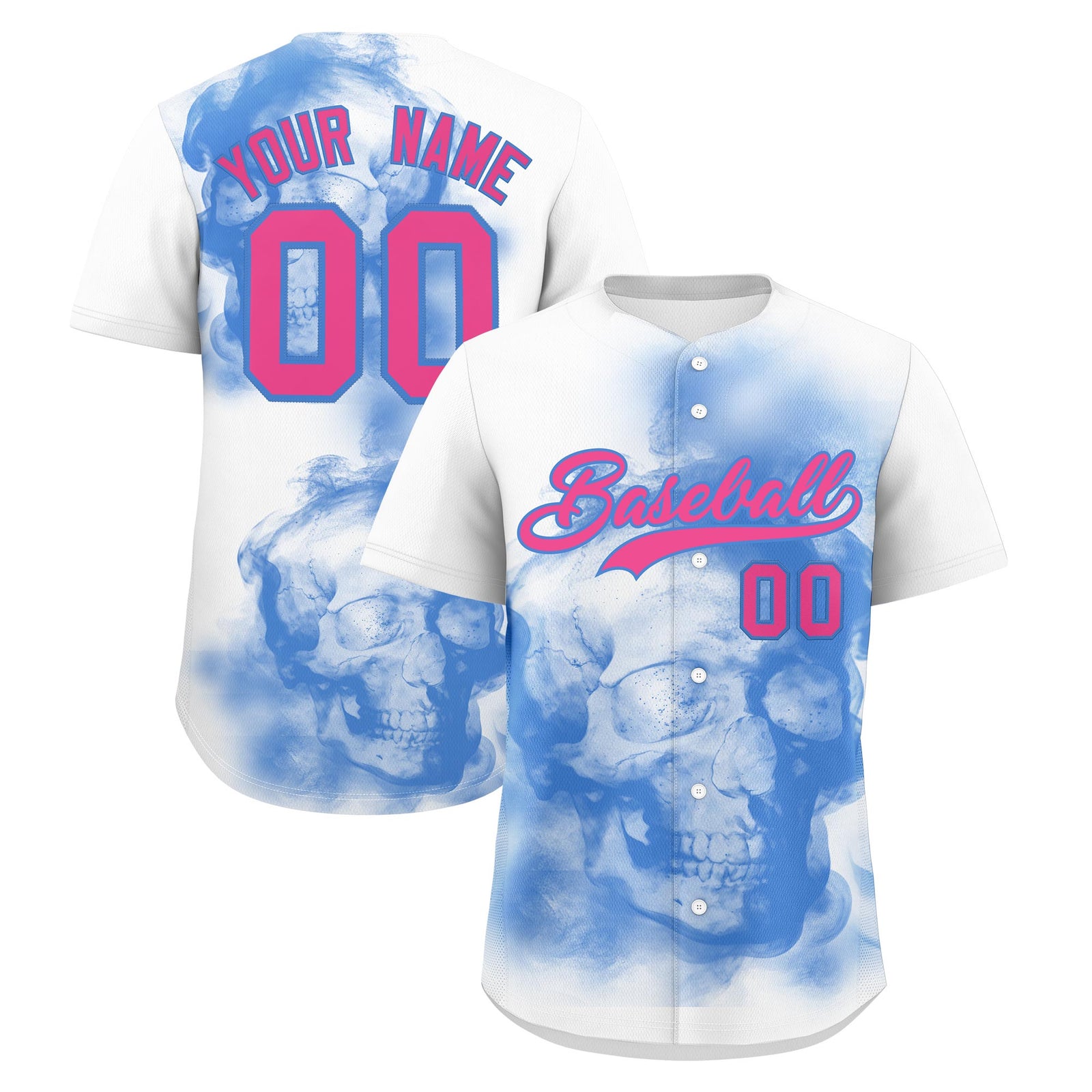 Custom White Powder Blue Pink skeleton Graffiti Pattern Quick Dry Baseball Jersey| KXKSHOP
