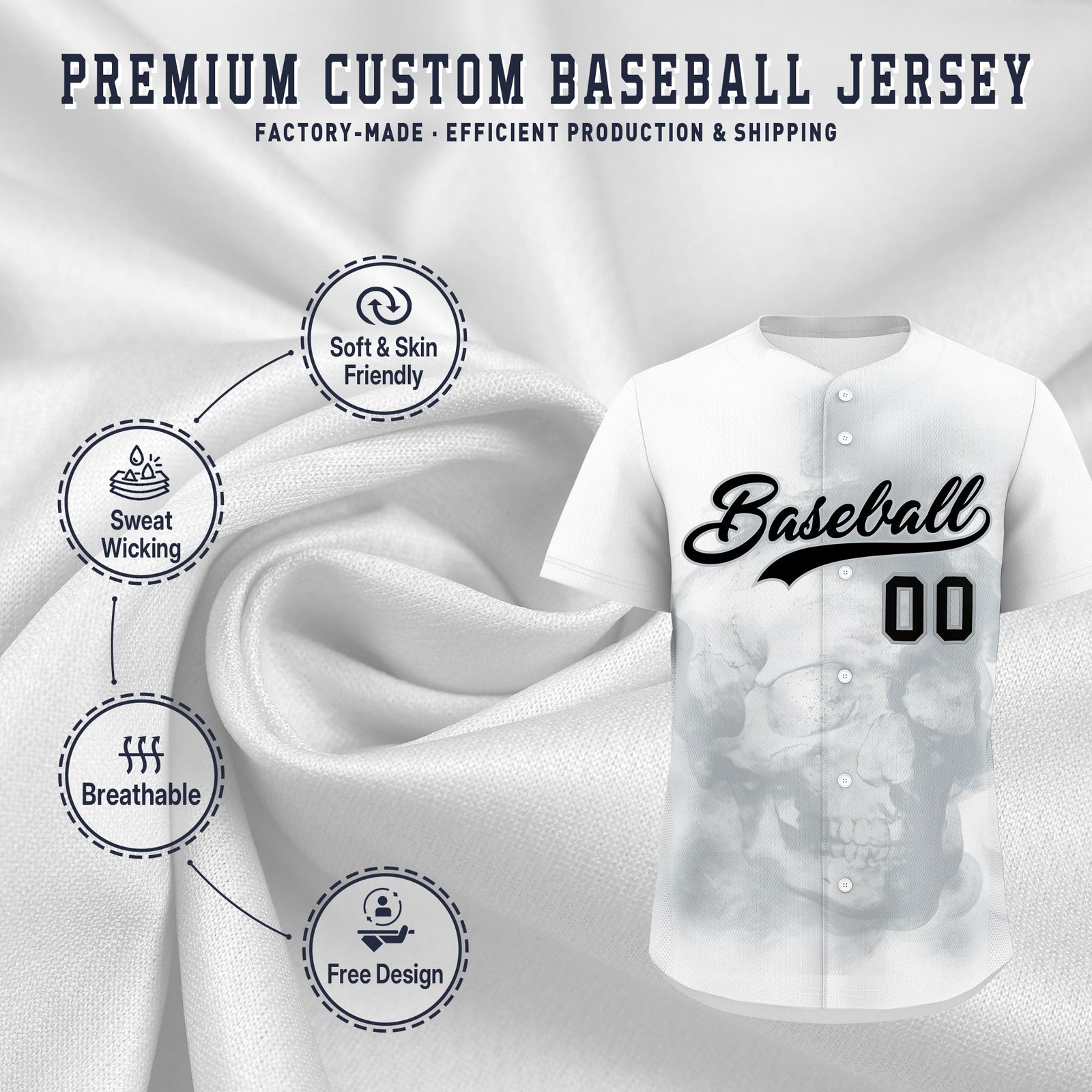 Custom White Silver Black skeleton Graffiti Pattern Quick Dry Baseball Jersey| KXKSHOP