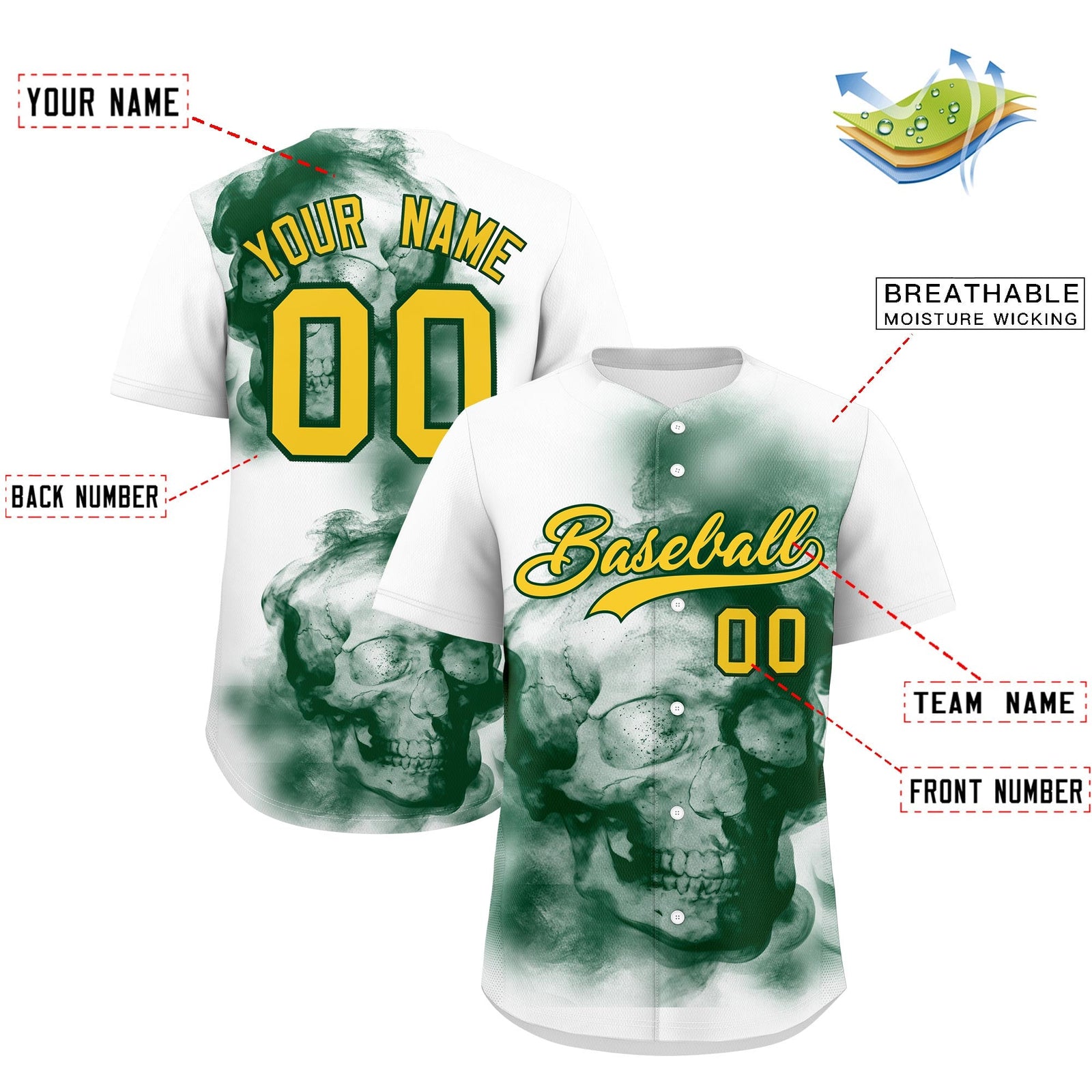 Custom White Dark Green Gold skeleton Graffiti Pattern Lightweight Baseball Jersey| KXKSHOP
