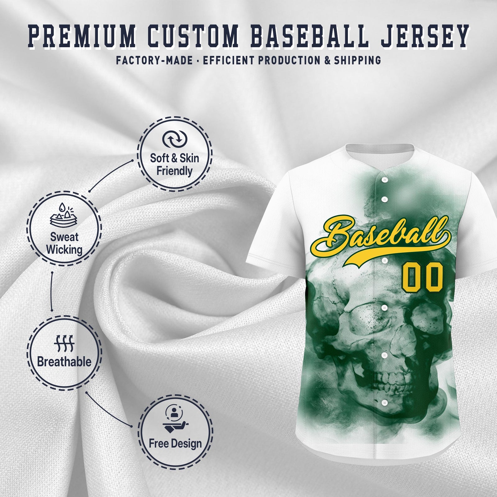 Custom White Dark Green Gold skeleton Graffiti Pattern Lightweight Baseball Jersey| KXKSHOP