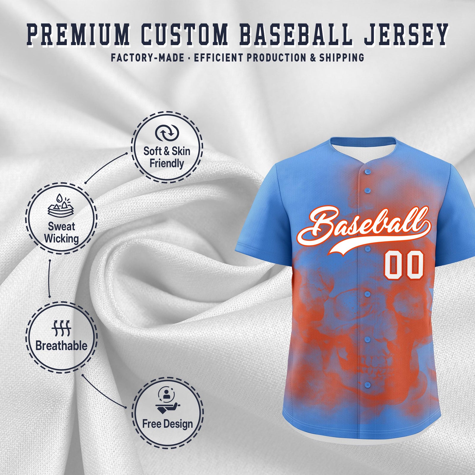 Custom Powder Blue Orange White skeleton Graffiti Pattern Lightweight Baseball Jersey| KXKSHOP