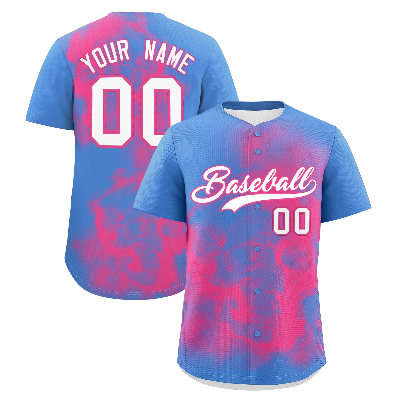 Custom Powder Blue Pink White skeleton Graffiti Pattern Quick Dry Baseball Jersey| KXKSHOP