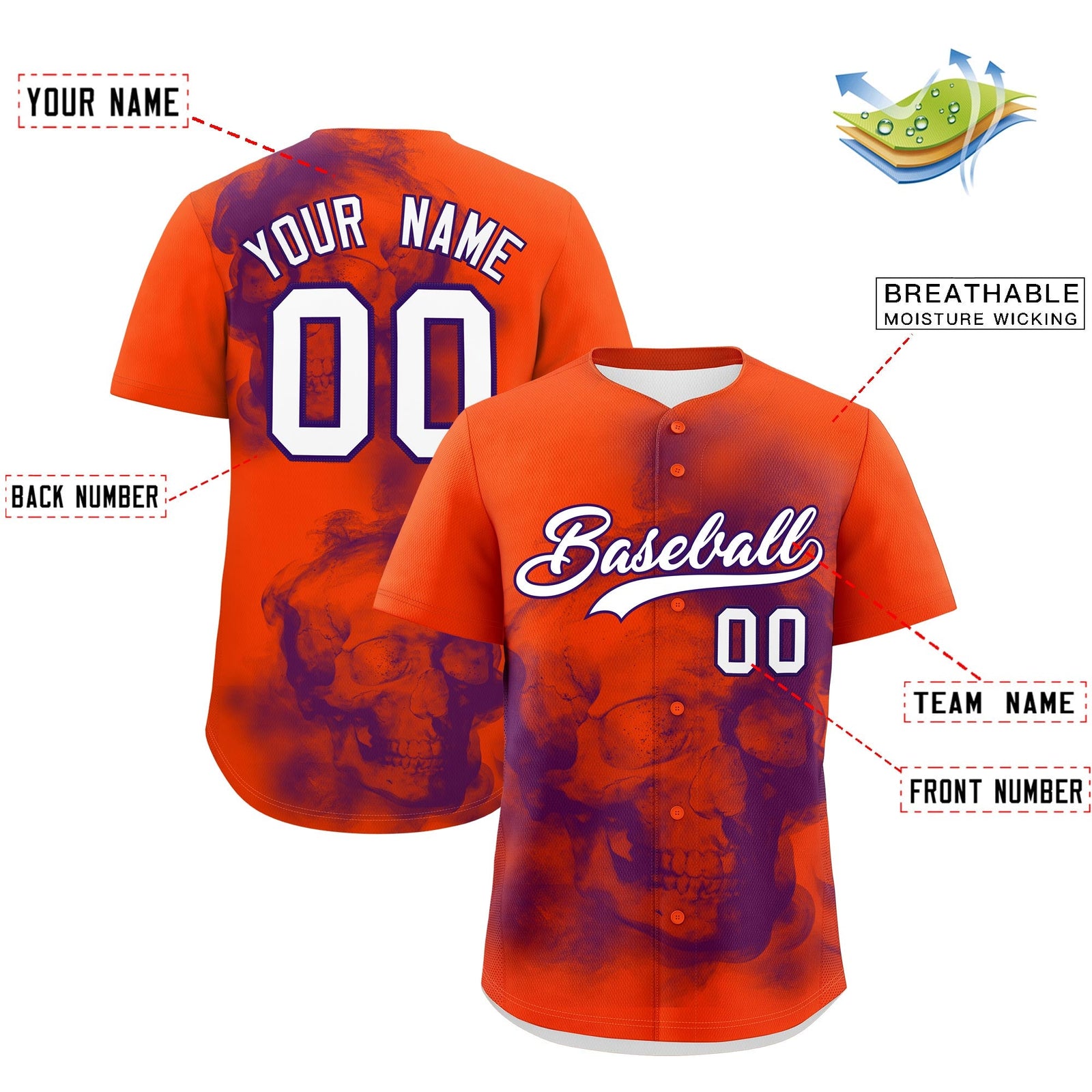 Custom Orange Purple White skeleton Graffiti Pattern Lightweight Baseball Jersey| KXKSHOP