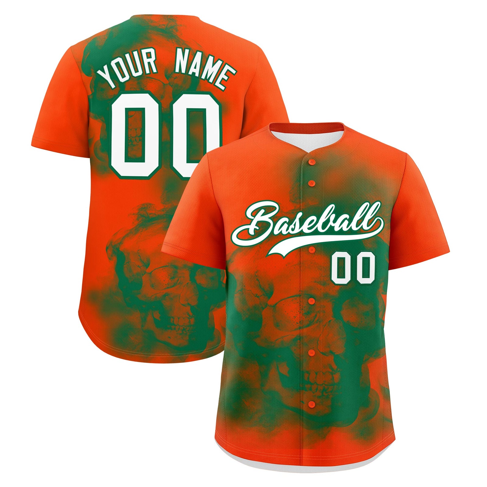 Custom Orange Kelly Green White skeleton Graffiti Pattern Quick Dry Baseball Jersey| KXKSHOP