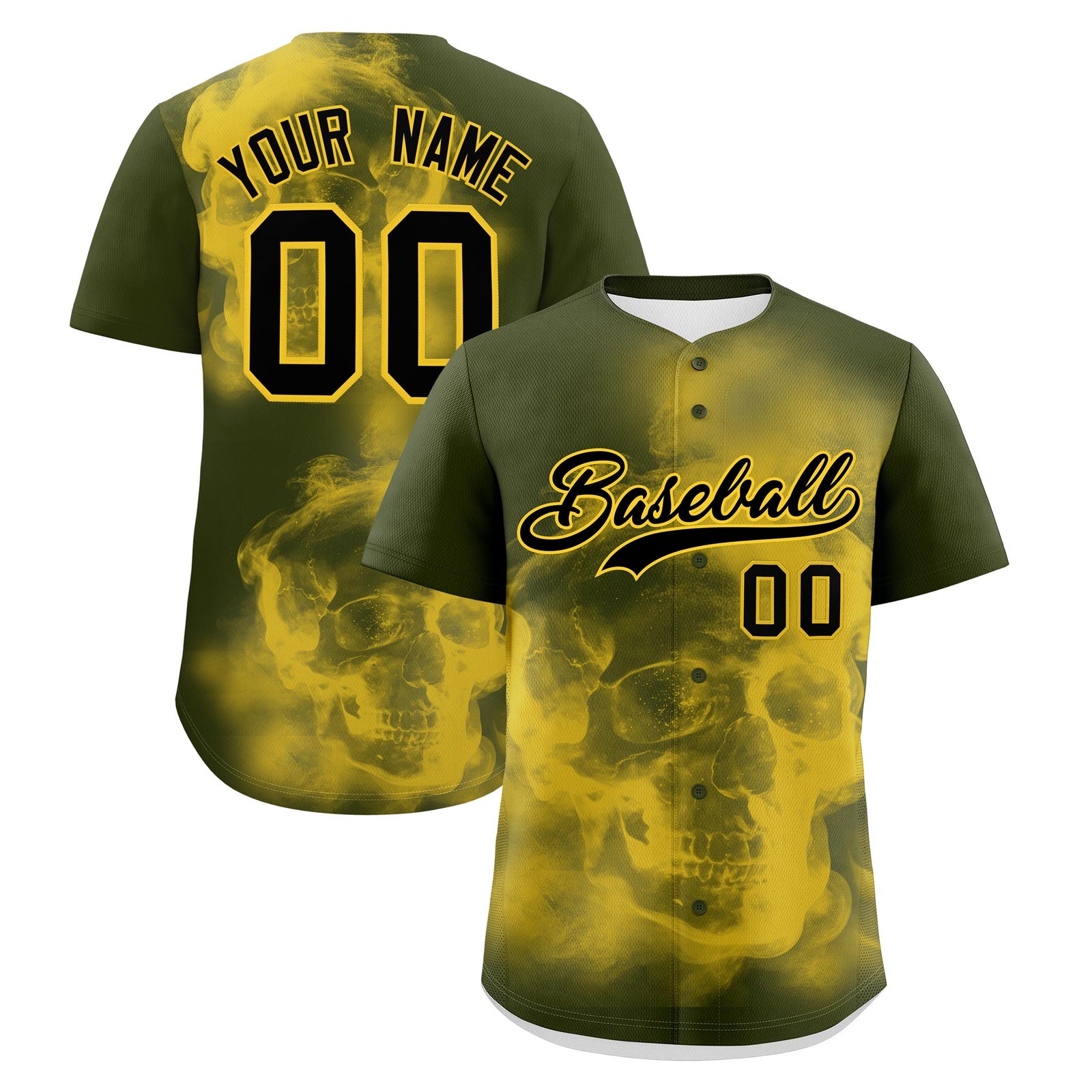 Custom Olive Gold Black skeleton Graffiti Pattern Quick Dry Baseball Jersey| KXKSHOP