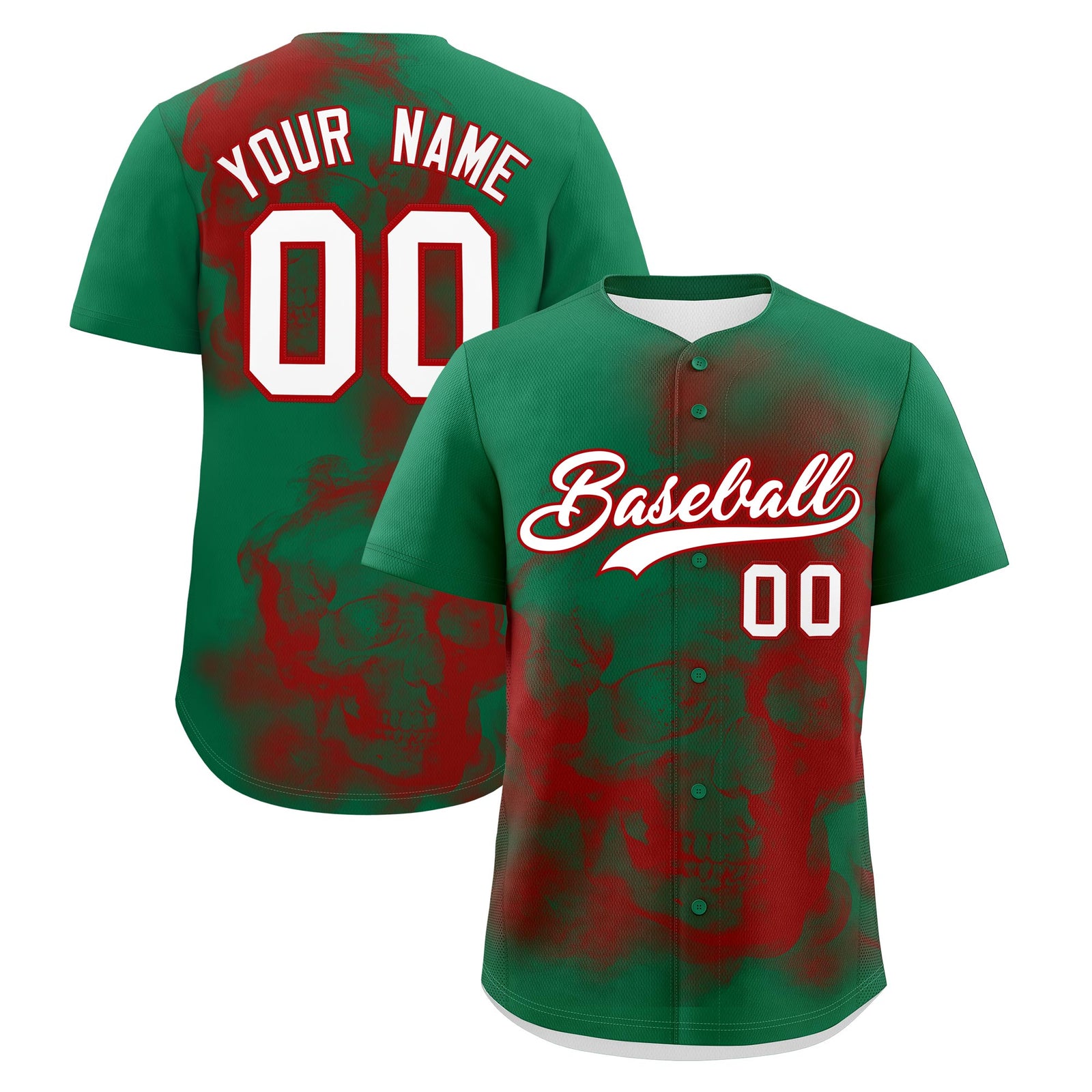 Custom Kelly Green Red White skeleton Graffiti Pattern Quick Dry Baseball Jersey| KXKSHOP
