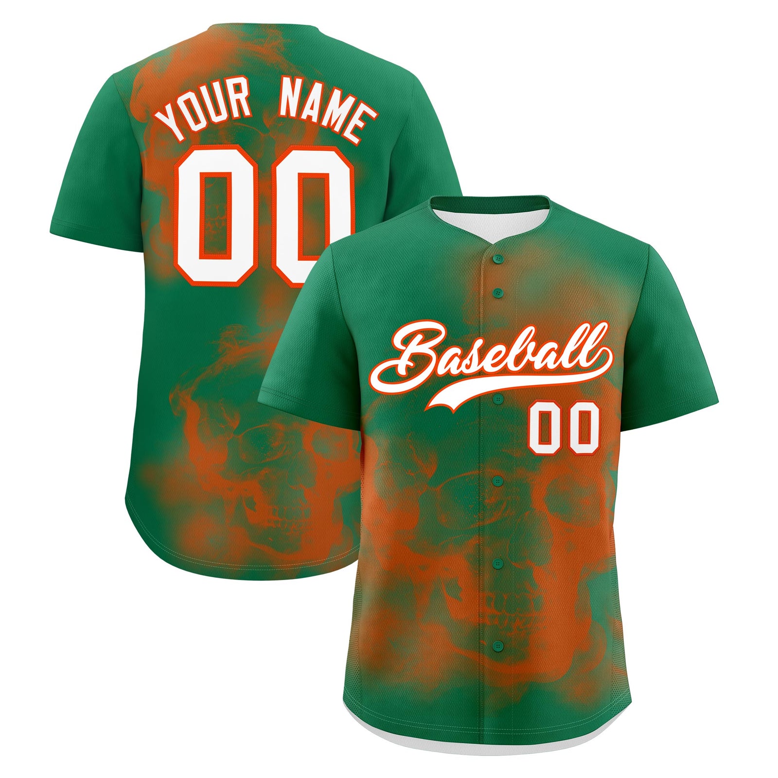 Custom Kelly Green Orange White skeleton Graffiti Pattern Lightweight Baseball Jersey| KXKSHOP