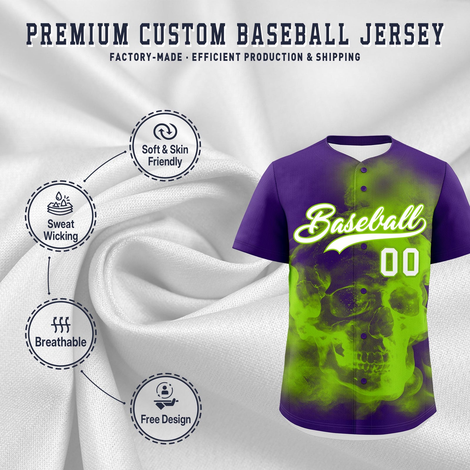 Custom Purple Neon Green White skeleton Graffiti Pattern Quick Dry Baseball Jersey| KXKSHOP