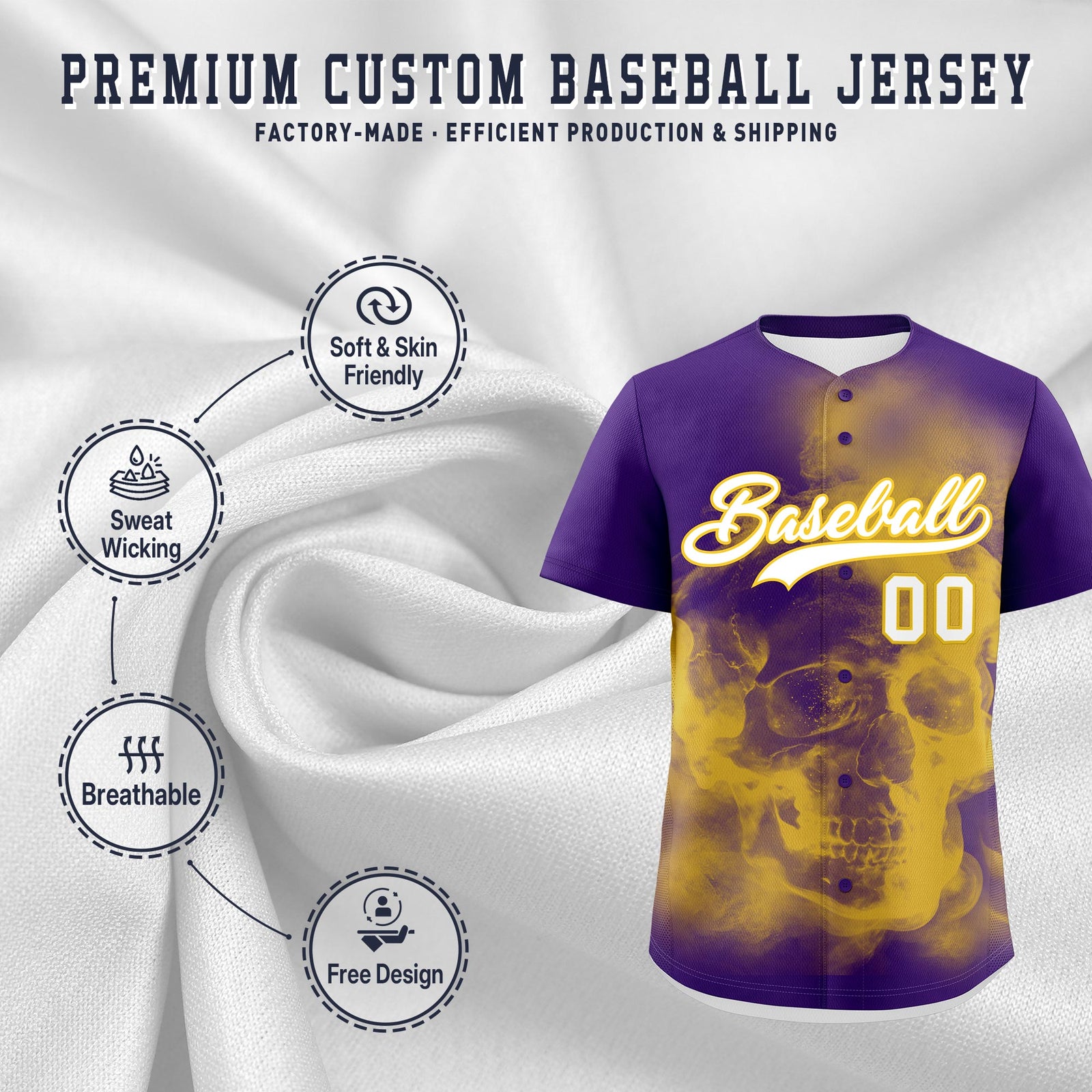 Custom Purple Gold White skeleton Graffiti Pattern Lightweight Baseball Jersey| KXKSHOP