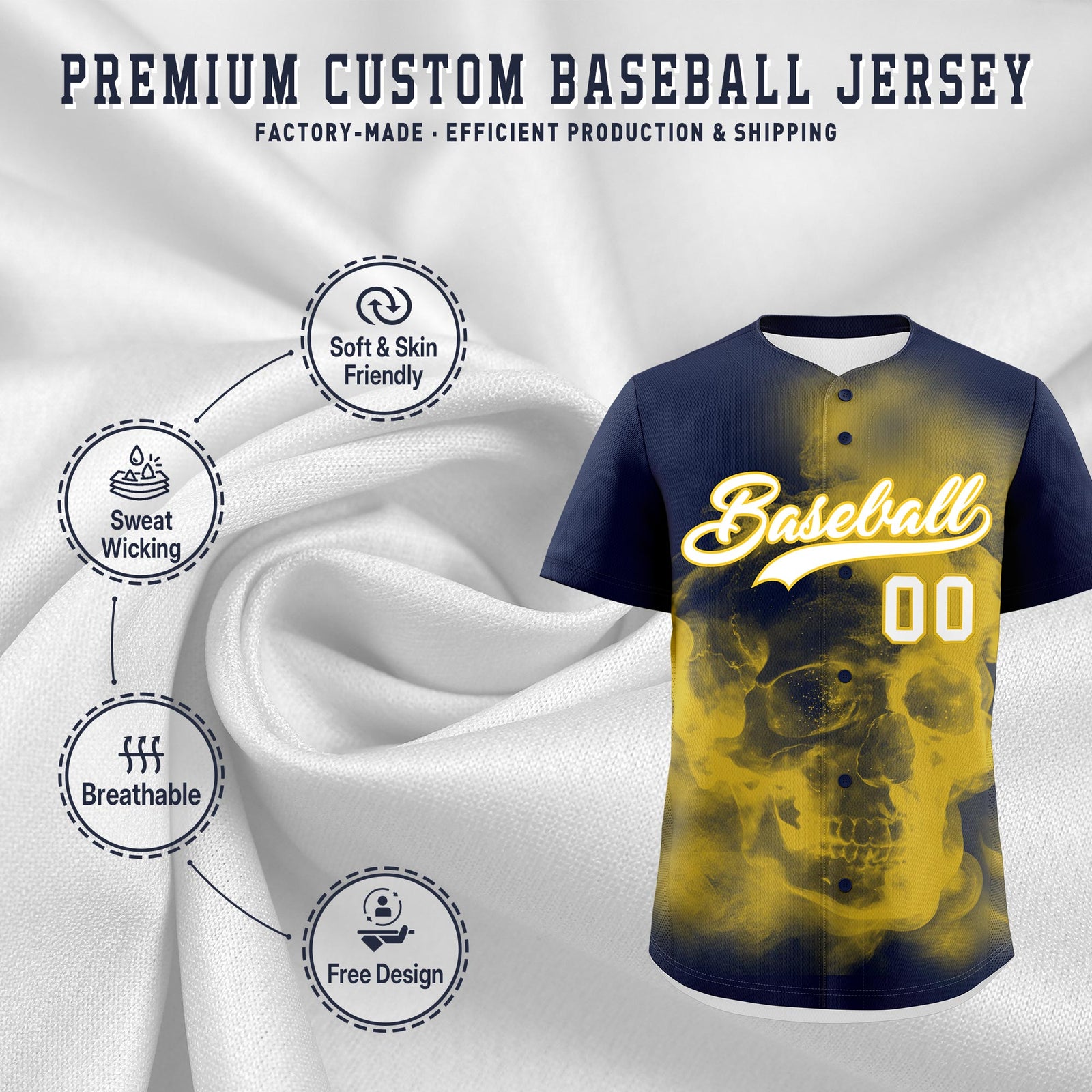 Custom Navy Gold White skeleton Graffiti Pattern Quick Dry Baseball Jersey| KXKSHOP