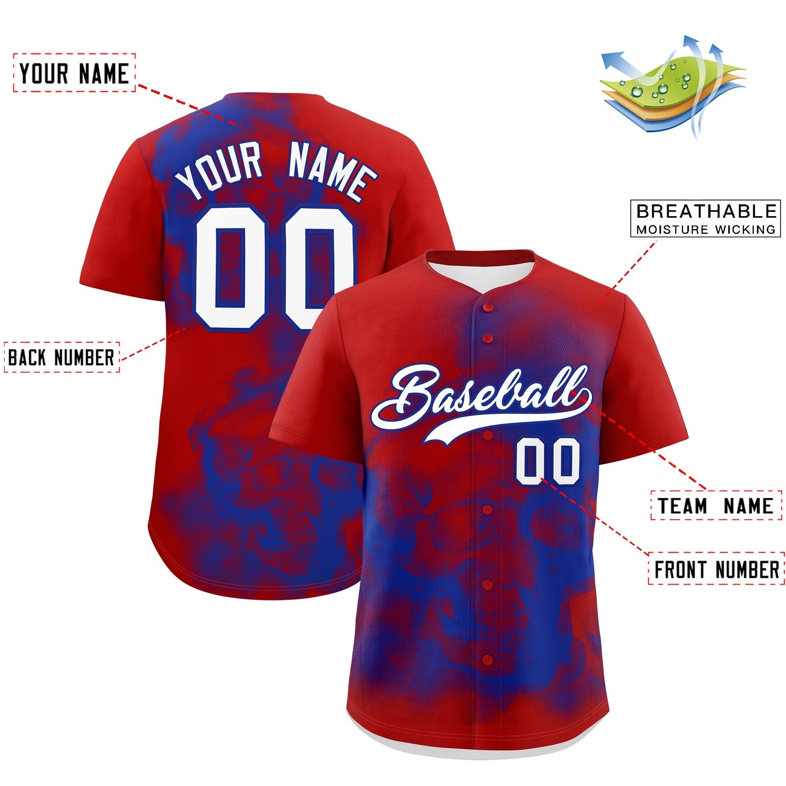 Custom Red Royal Blue White skeleton Graffiti Pattern Lightweight Baseball Jersey| KXKSHOP