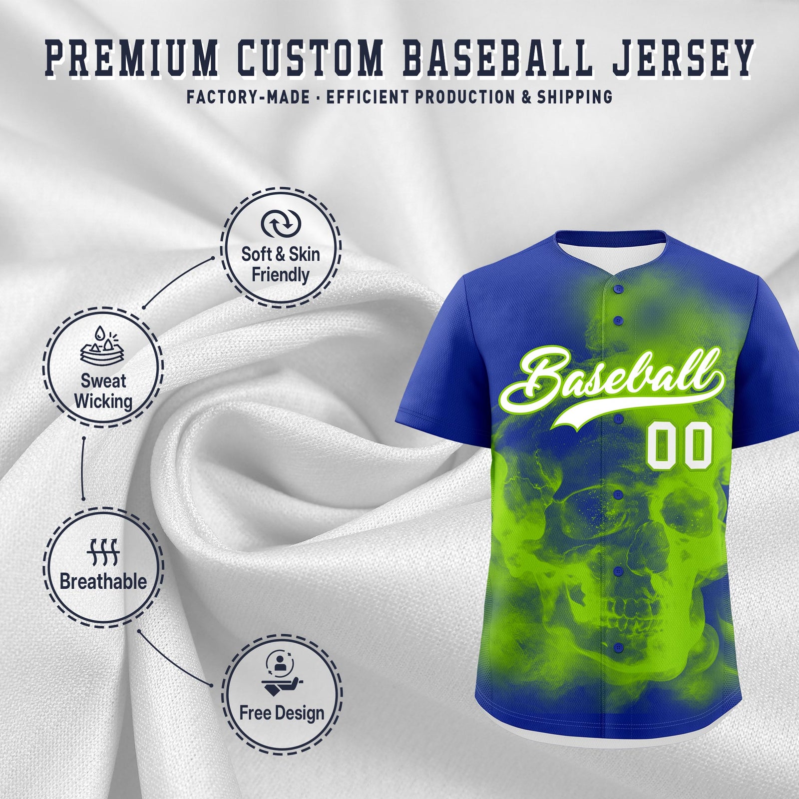 Custom Royal Blue Neon Green White skeleton Graffiti Pattern Quick Dry Baseball Jersey| KXKSHOP