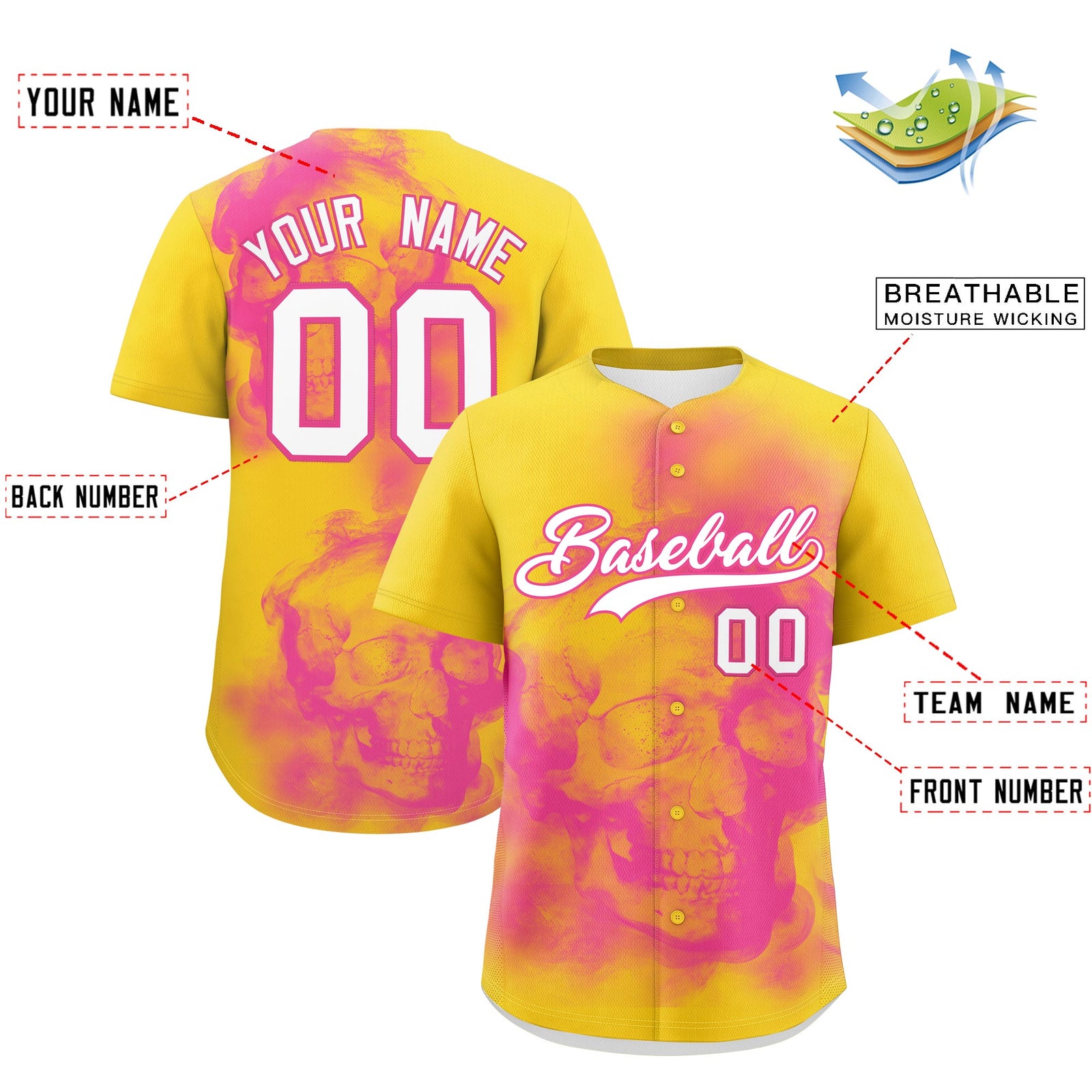 Custom Gold Pink White skeleton Graffiti Pattern Lightweight Baseball Jersey| KXKSHOP