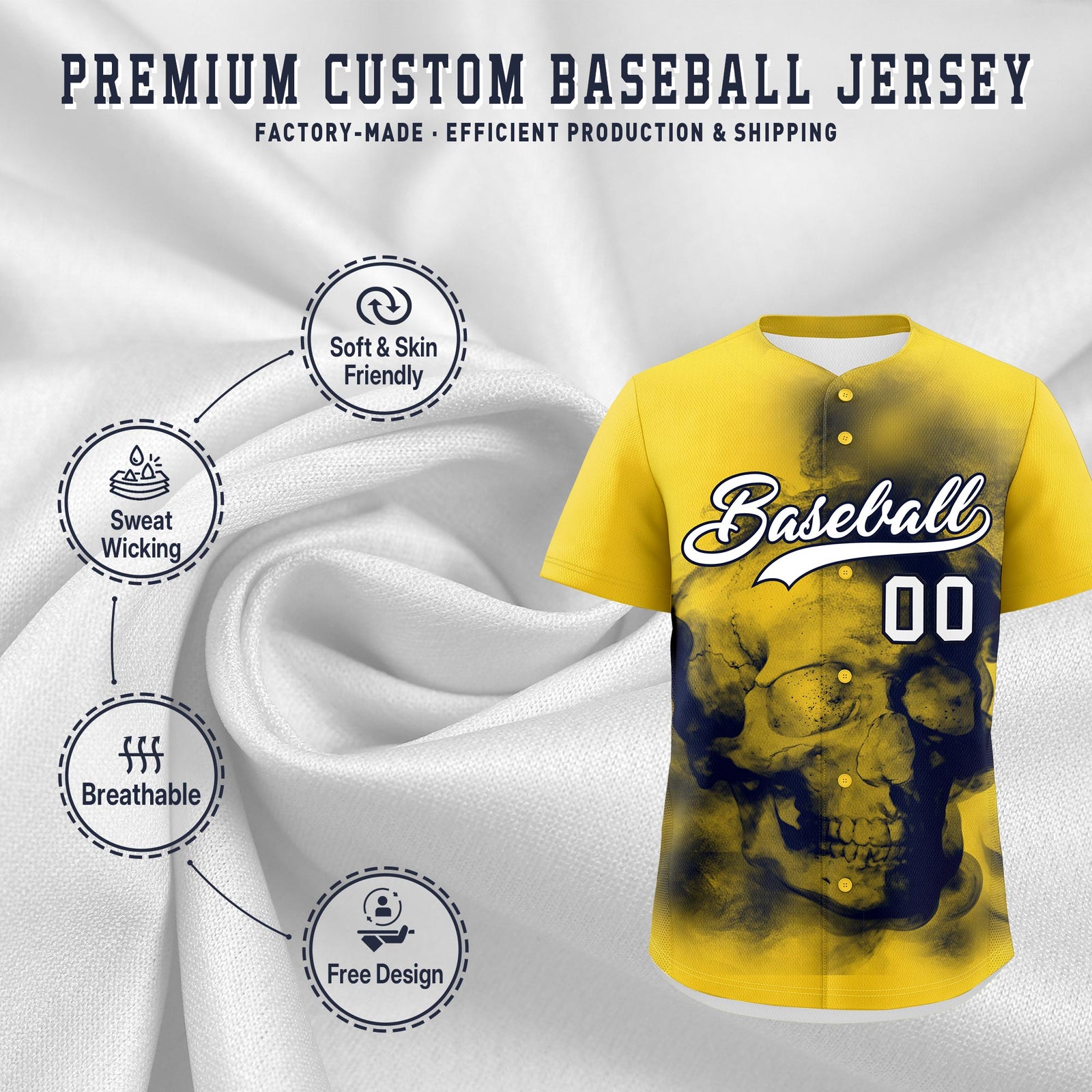 Custom Gold Navy White skeleton Graffiti Pattern Quick Dry Baseball Jersey| KXKSHOP